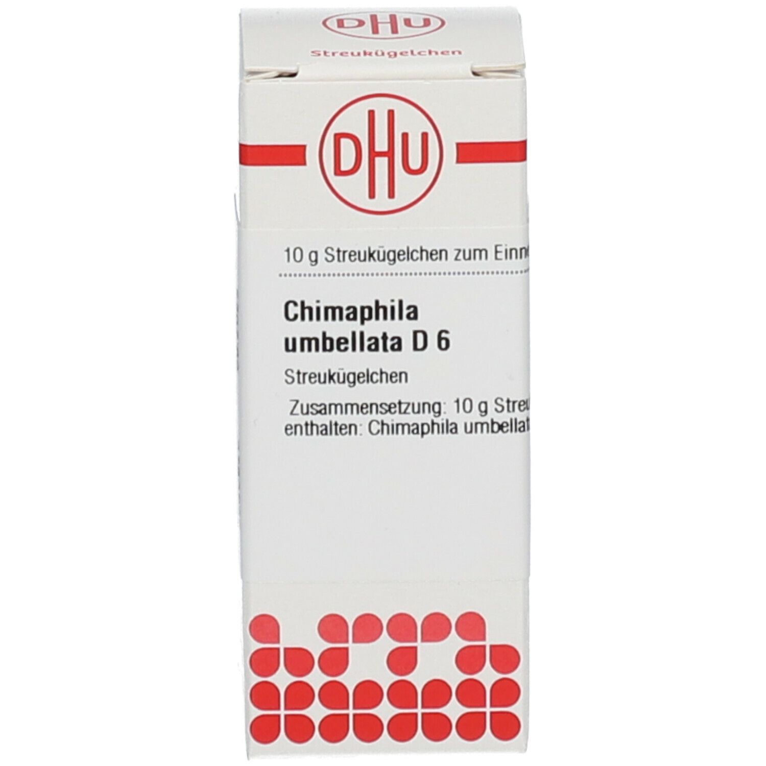 Weiße Schachtel mit rotem Logo und Text. Auf der Schachtel steht Chimaphila umbellata D6.