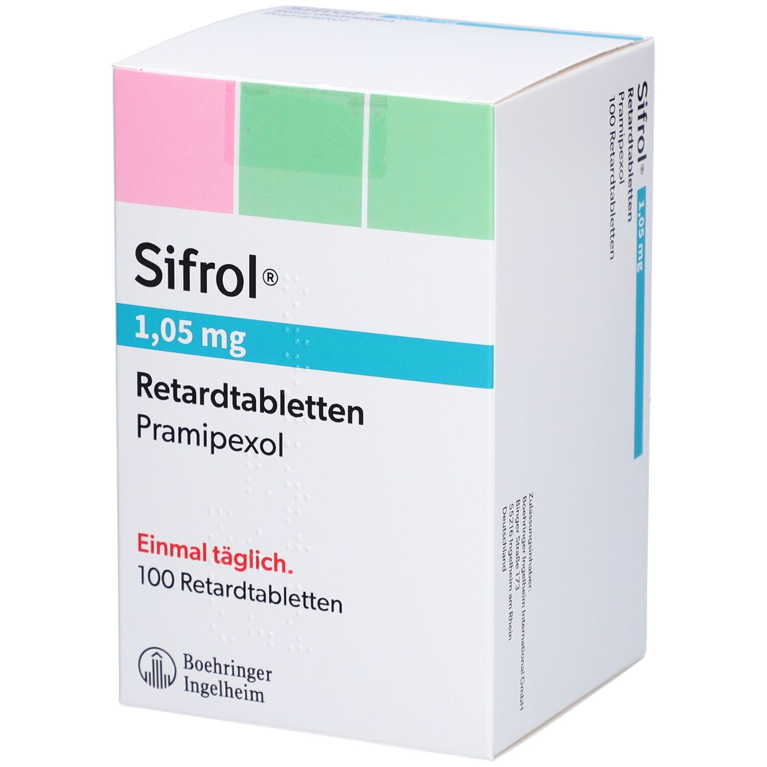 Schachtel Sifrol 1,05 mg Retardtabletten. Rosa und grüne Akzente. Text: 100 Retardtabletten, Pramipexol, einmal täglich. Logo Boehringer Ingelheim.