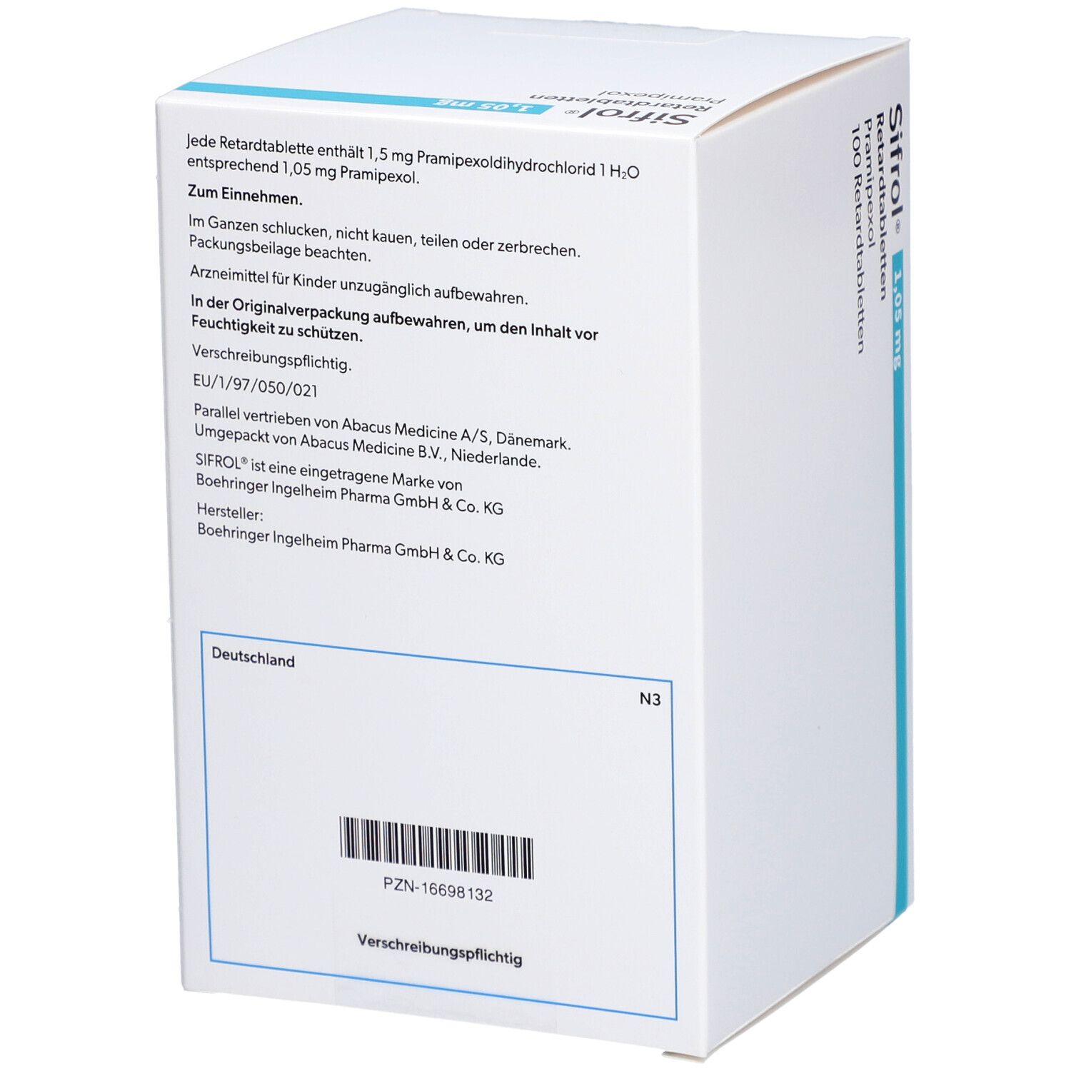 Rückseite der Schachtel Sifrol 1,05 mg Retardtabletten. Text: Inhaltsstoffe, Hersteller, Chargennummer, PZN-16698132. Barcode.