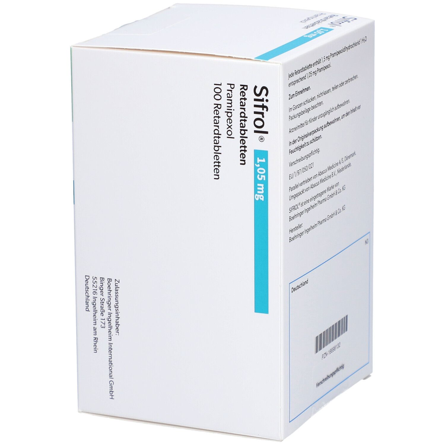 Schachtel Sifrol 1,05 mg Retardtabletten. Text: 100 Retardtabletten, Pramipexol. Blaue Akzente. Anschrift des Herstellers.