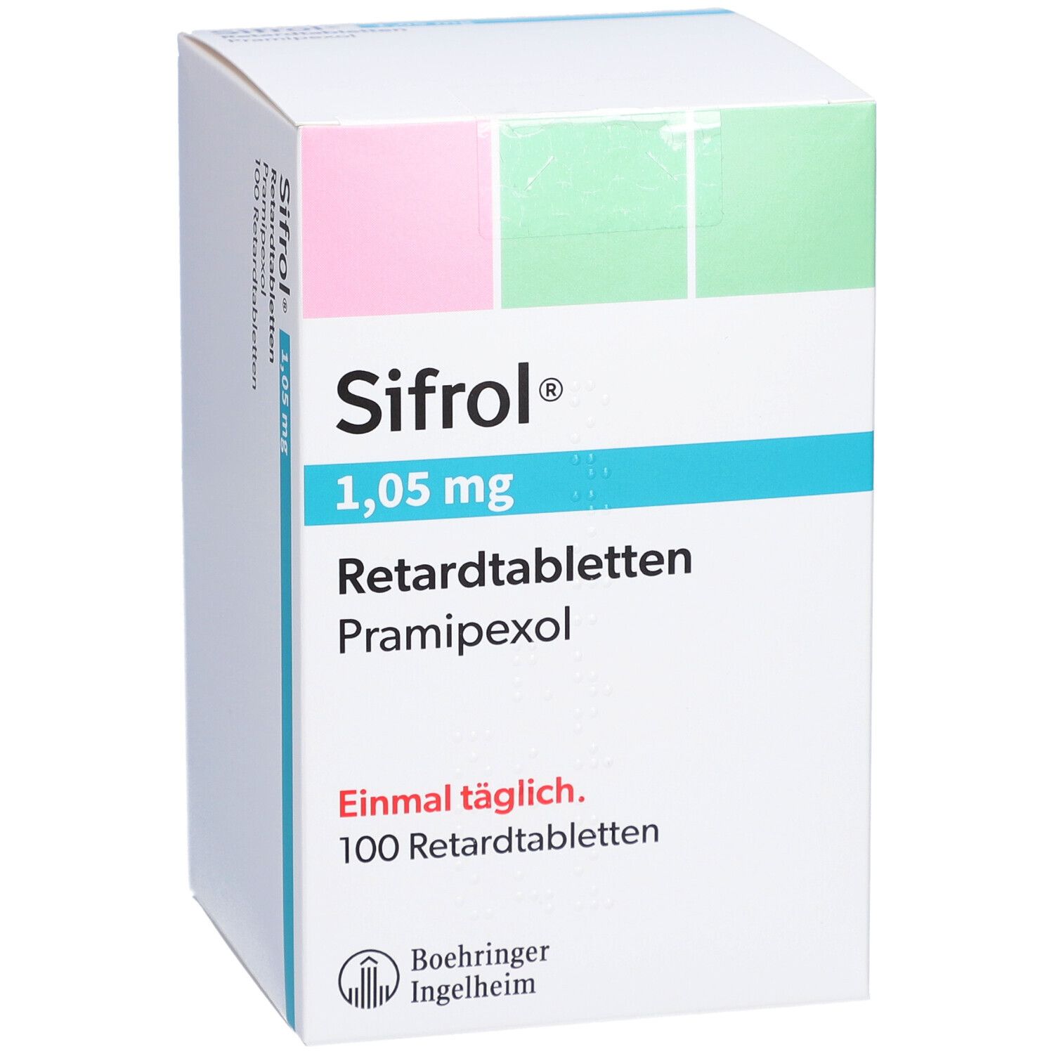 Schachtel Sifrol 1,05 mg Retardtabletten. Rosa und grüne Akzente. Text: 100 Retardtabletten, Pramipexol, einmal täglich. Logo Boehringer Ingelheim.