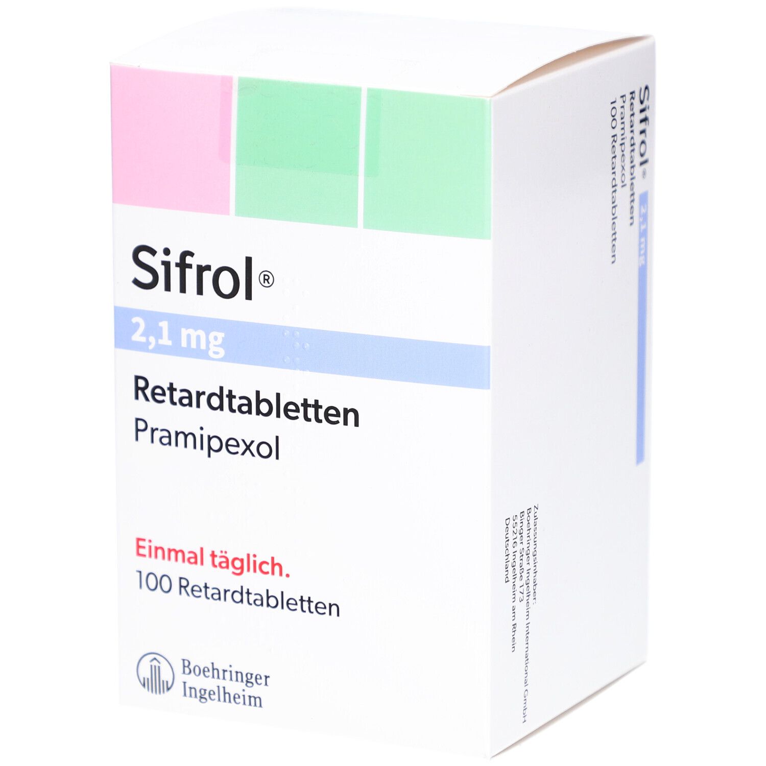 Weißer Karton mit rosa und grünen Akzenten. Aufschrift: Sifrol 2,1 mg Retardtabletten, Pramipexol. 100 Retardtabletten. Boehringer Ingelheim Logo.