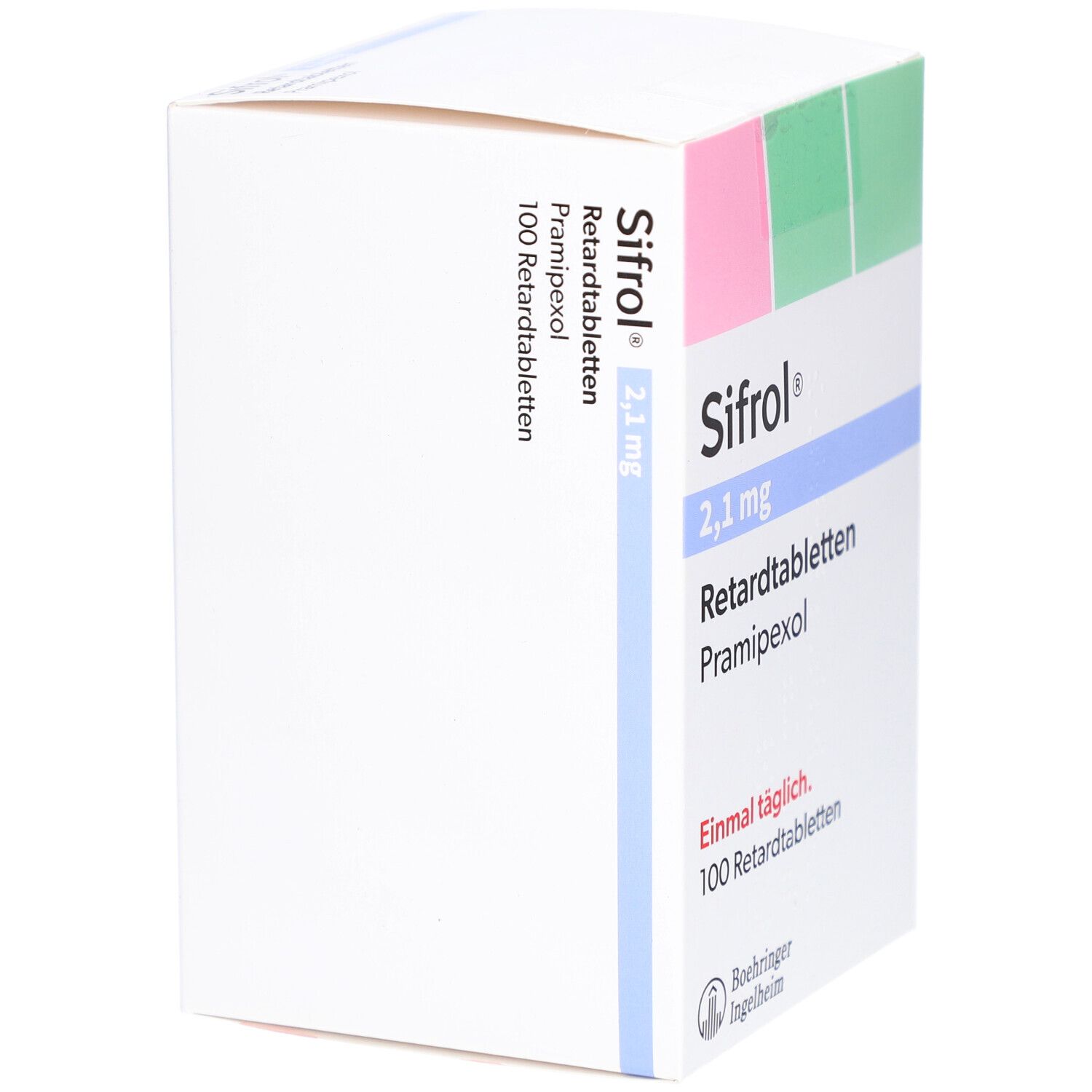 Weißer Karton mit rosa und grünen Akzenten. Aufschrift: Sifrol 2,1 mg Retardtabletten, Pramipexol. 100 Retardtabletten. Seitenansicht.