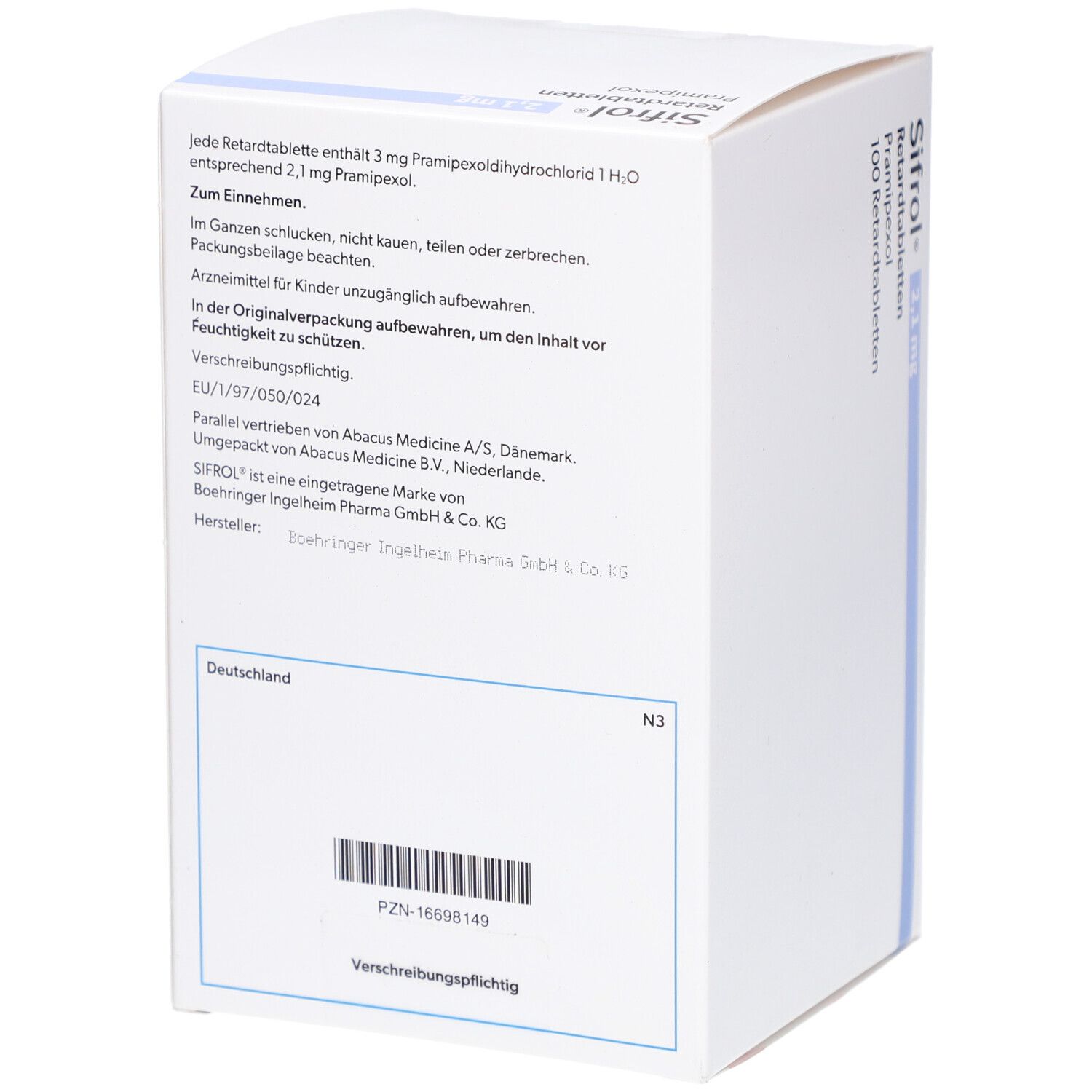 Rückseite des weißen Kartons. Textinformationen und Barcode. Herstellerinformationen und Adresse.