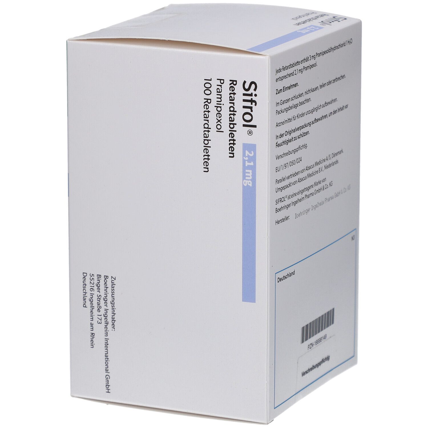 Weißer Karton mit blauen Akzenten. Aufschrift: Sifrol 2,1 mg Retardtabletten, Pramipexol. 100 Retardtabletten. Seitenansicht.