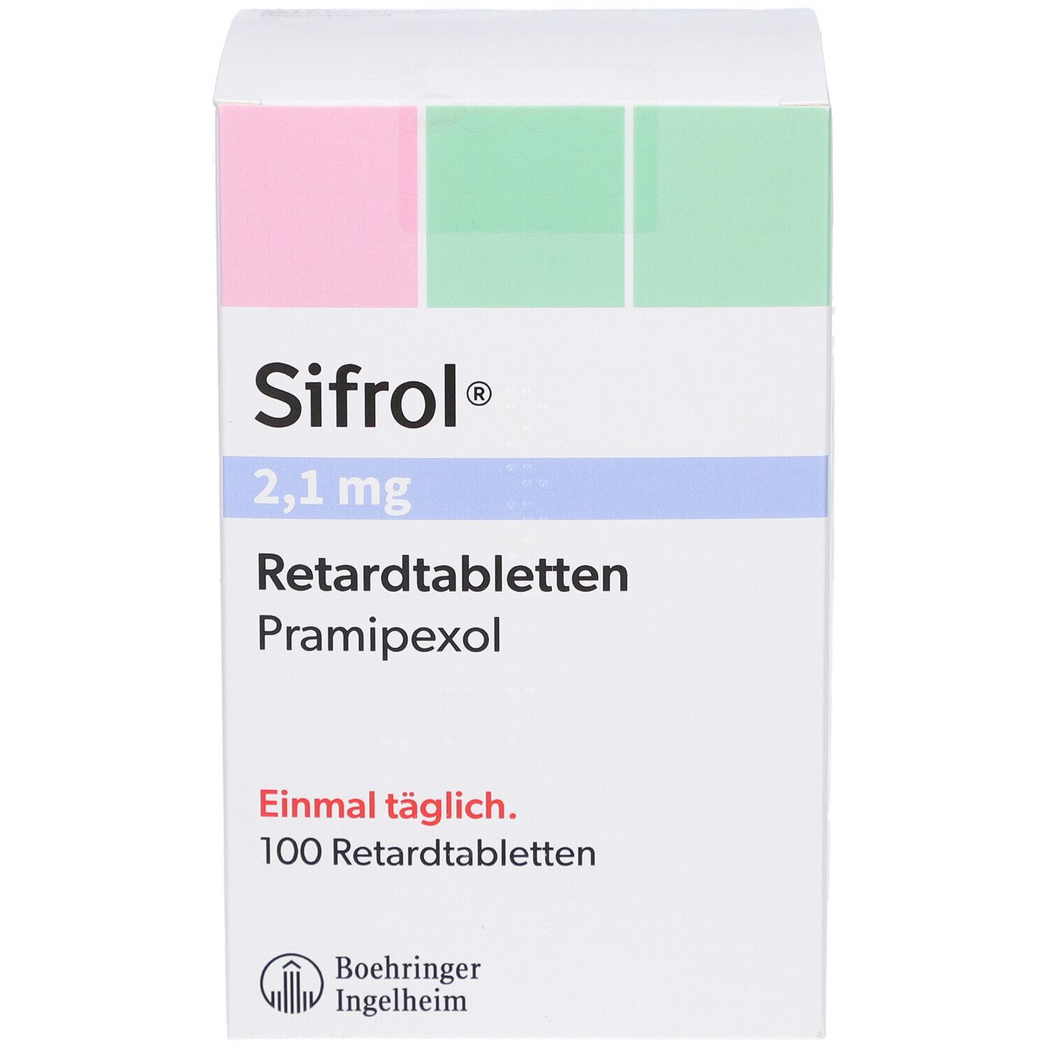 Weißer Karton mit rosa und grünen Akzenten. Aufschrift: Sifrol 2,1 mg Retardtabletten, Pramipexol. 100 Retardtabletten. Boehringer Ingelheim Logo.