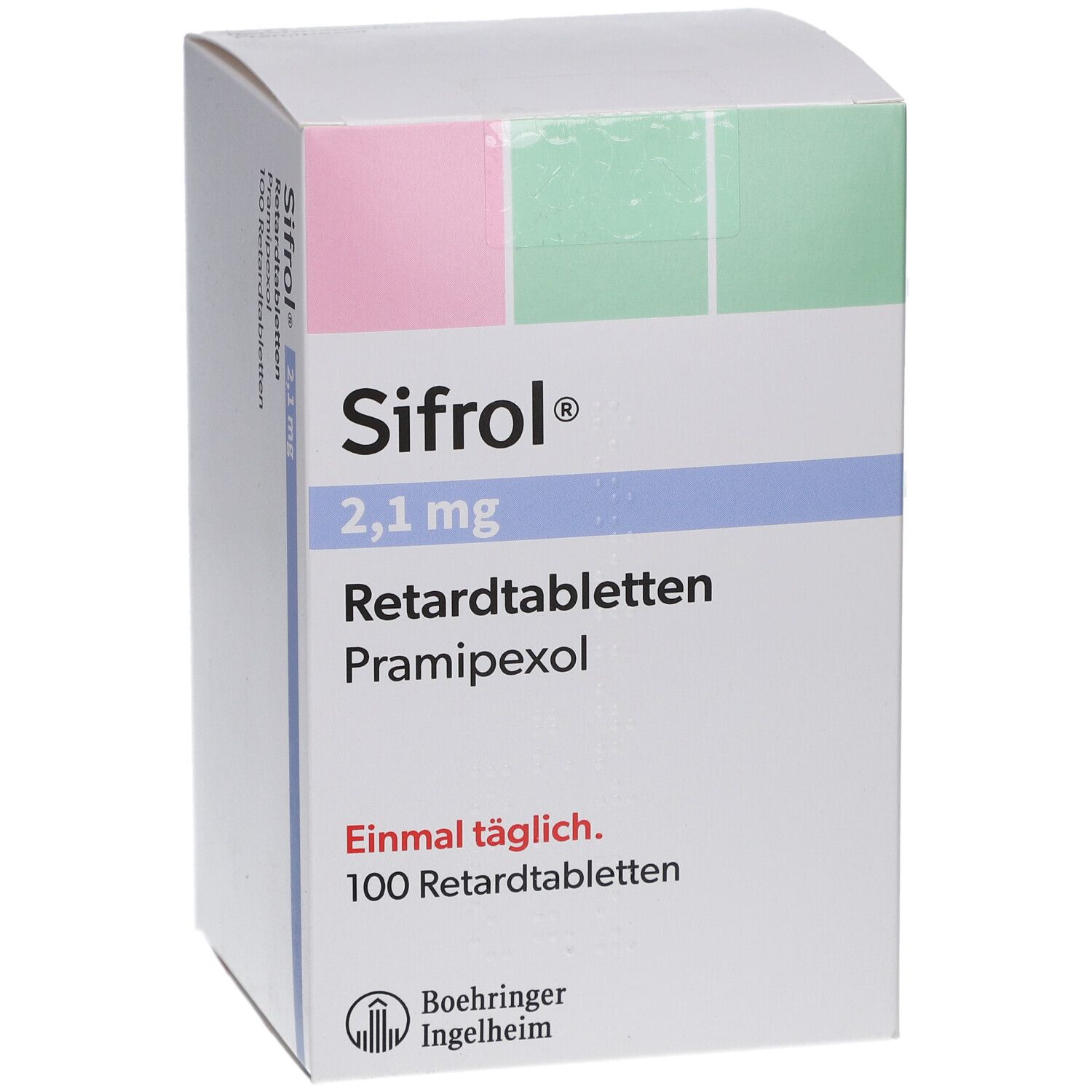 Weißer Karton mit blauen und grünen Akzenten. Aufschrift: Sifrol 2,1 mg Retardtabletten, Pramipexol. 100 Retardtabletten. Boehringer Ingelheim Logo.