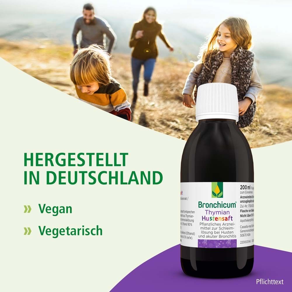 Flasche und Verpackung. Text: Hergestellt in Deutschland. Vegan, vegetarisch.