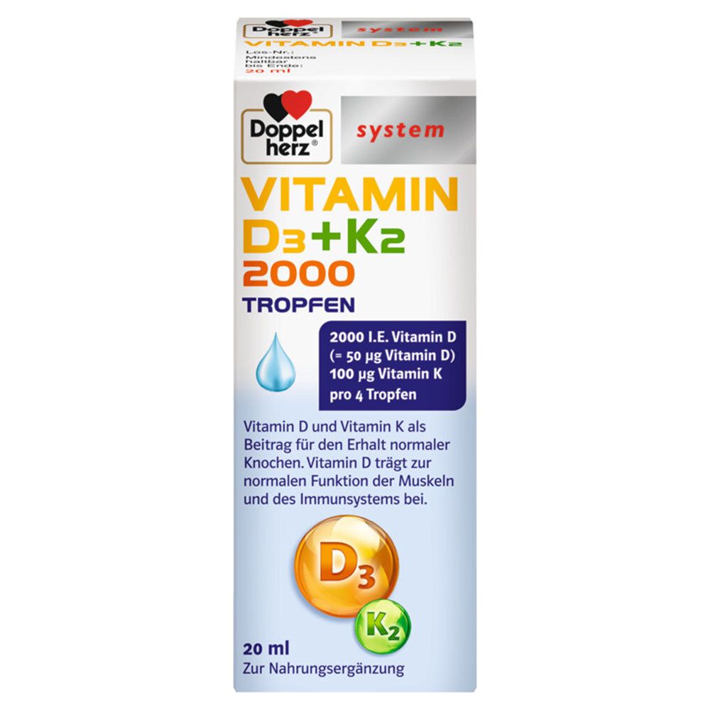 Doppelherz system Vitamin D3+K2 2000 Tropfen. Weiße Schachtel mit Produktinformationen. Tropfen-Symbol.