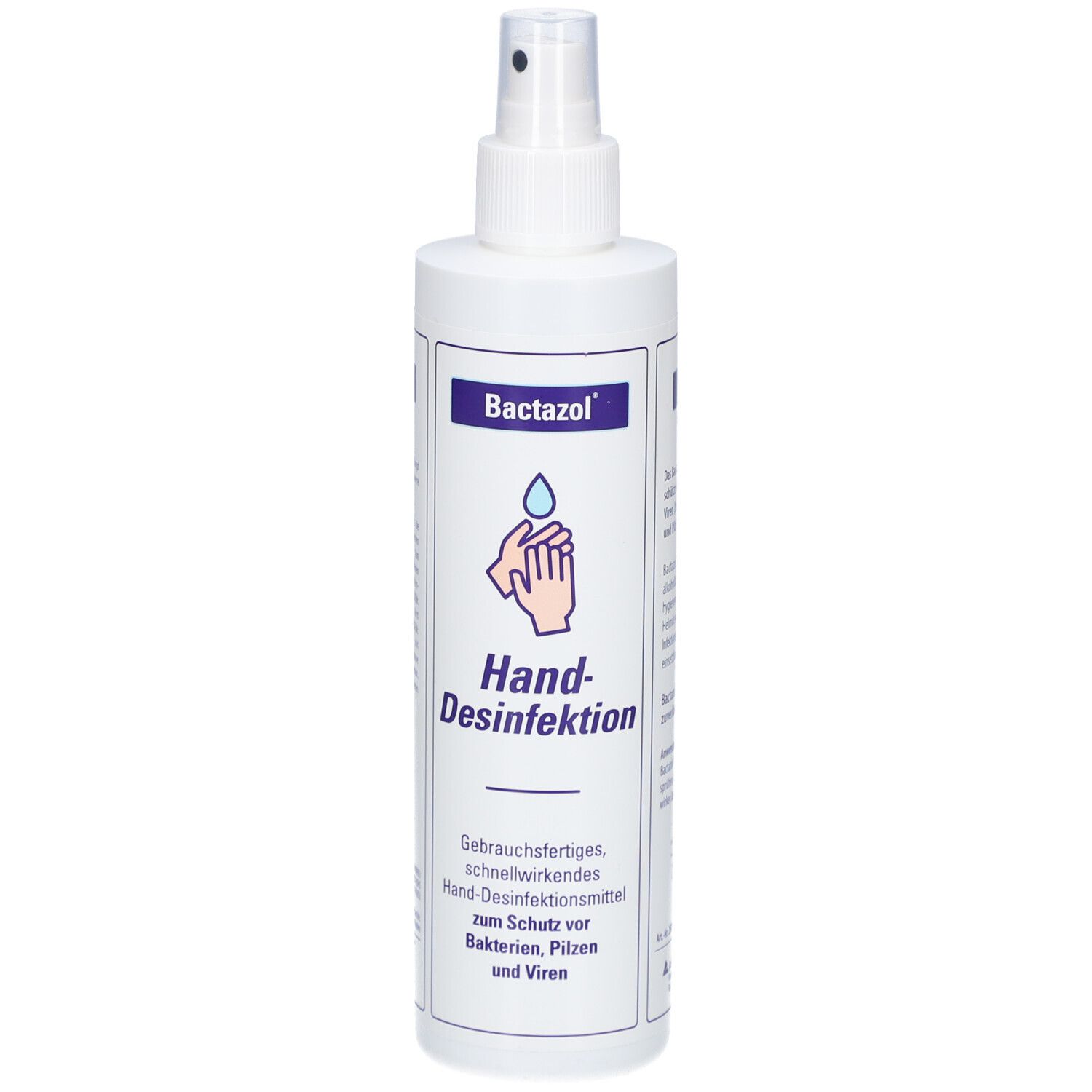 Weiße Sprühflasche mit BACTAZOL Hand-Desinfektion. Aufschrift: Hand-Desinfektion. Logo: Hand mit Tropfen.