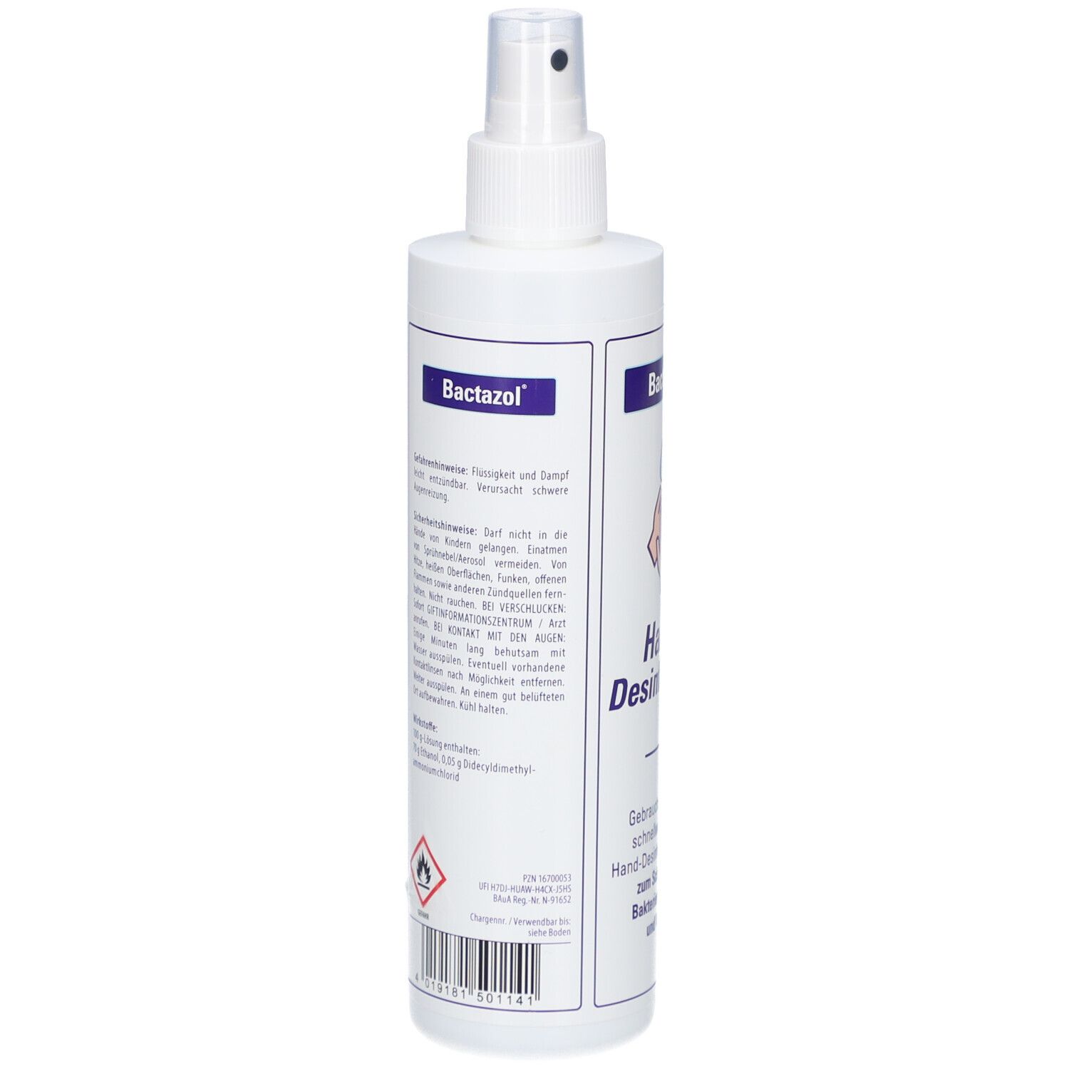 Rückansicht der weißen Sprühflasche. Textinformationen und Warnhinweise. BACTAZOL Hand-Desinfektion.