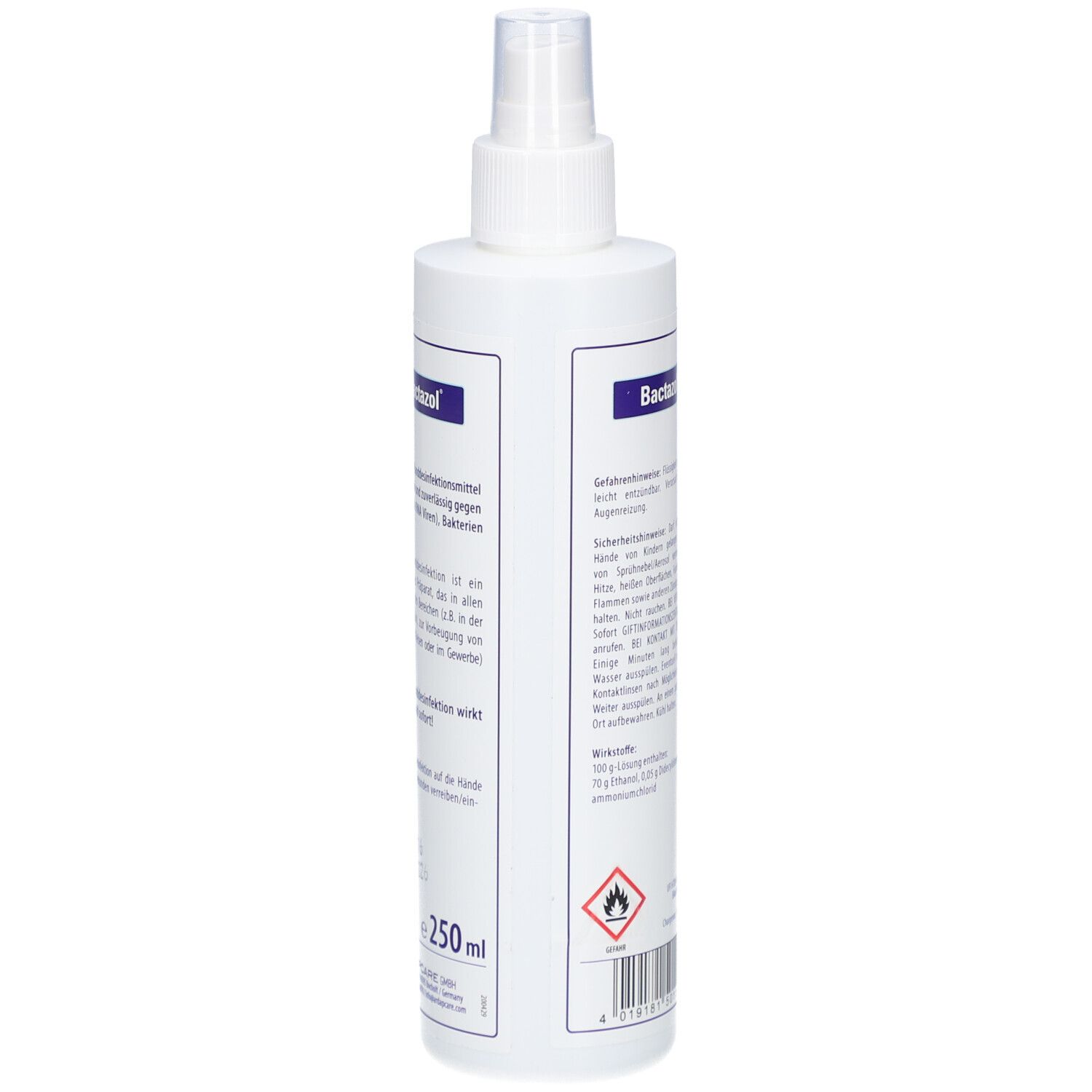 Rückansicht der weißen Sprühflasche. Textinformationen und Warnhinweise. BACTAZOL Hand-Desinfektion. Volumen: 250 ml.