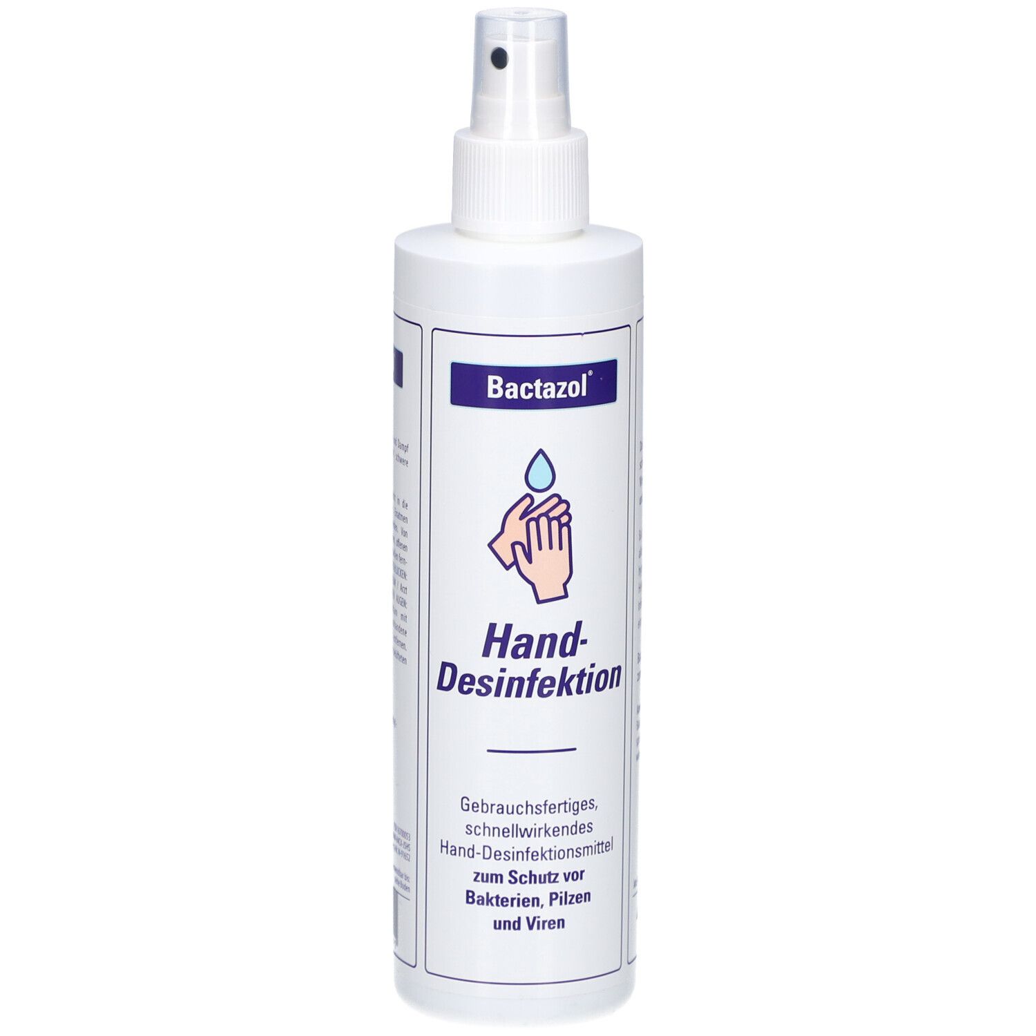 Weiße Sprühflasche mit BACTAZOL Hand-Desinfektion. Aufschrift: Hand-Desinfektion. Logo: Hand mit Tropfen.