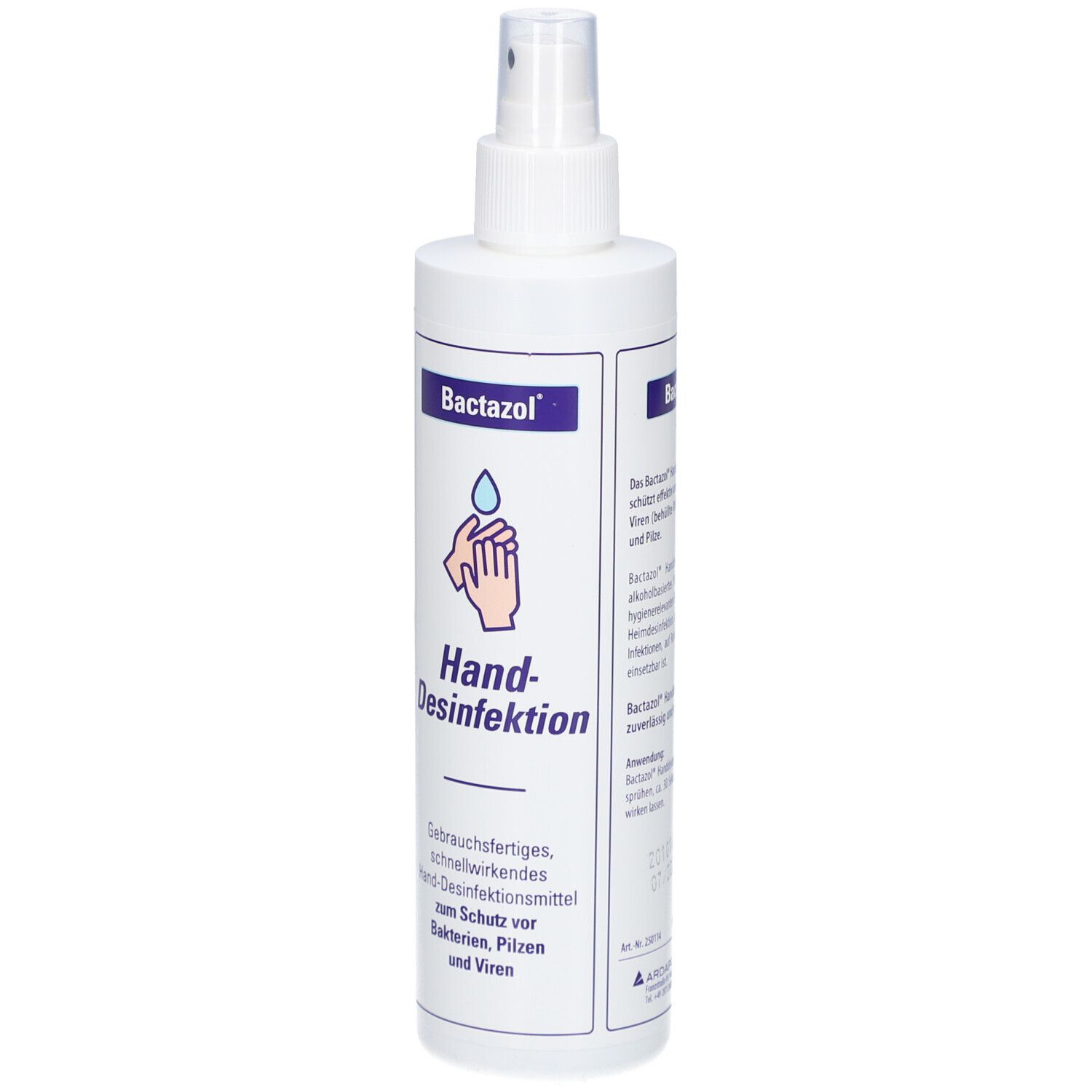Weiße Sprühflasche mit BACTAZOL Hand-Desinfektion. Aufschrift: Hand-Desinfektion. Logo: Hand mit Tropfen.