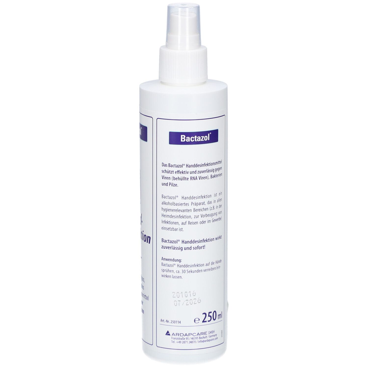 Rückansicht der weißen Sprühflasche. Textinformationen und Warnhinweise. BACTAZOL Hand-Desinfektion. Volumen: 250 ml.