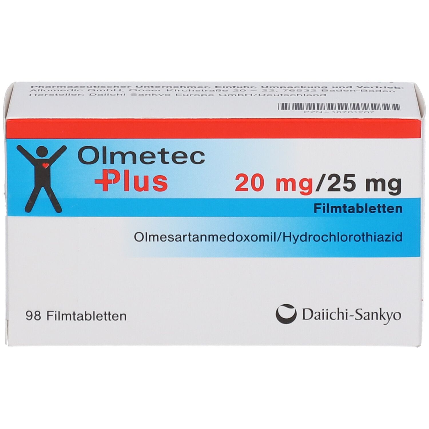 Olmetec Plus-Schachtel. Weiß mit rotem Streifen. Text: 20 mg/25 mg, 98 Filmtabletten. Logo und Wirkstoffbezeichnung.
