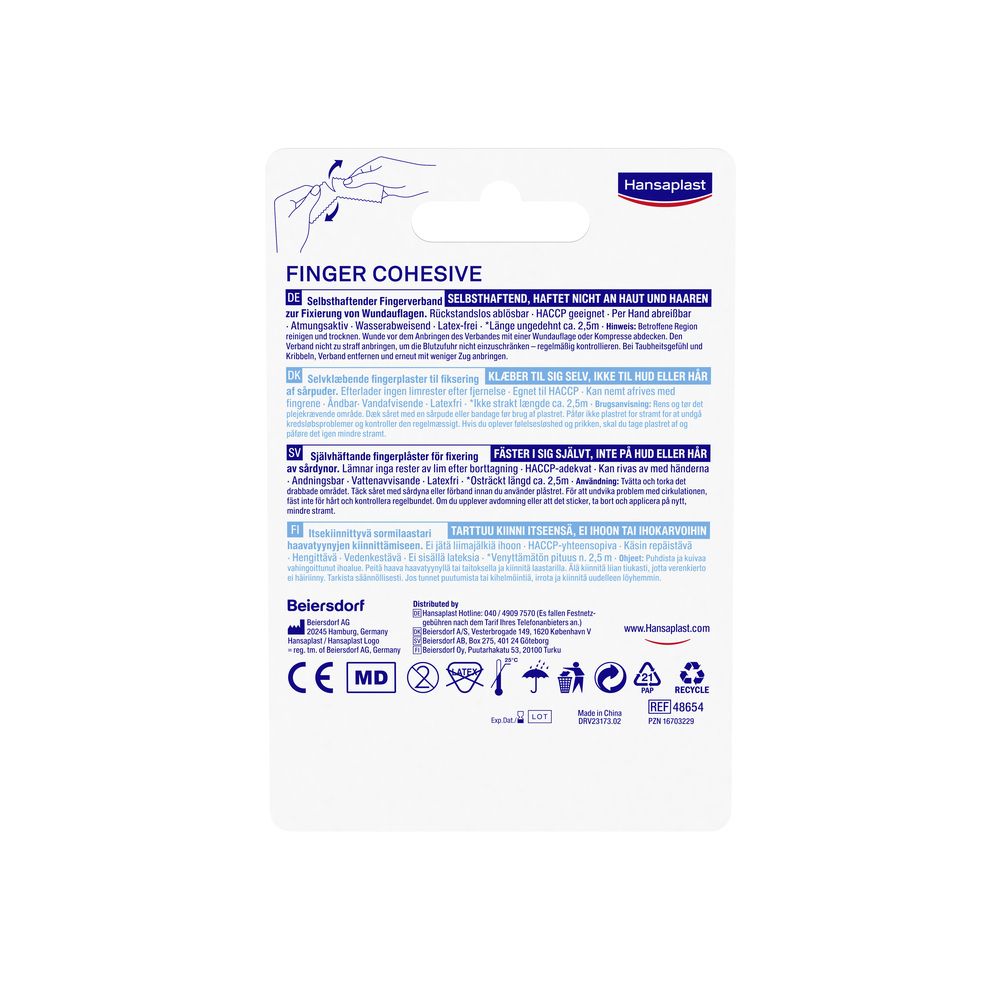 Rückseite der Verpackung. Text und Piktogramme. Marke Hansaplast. Informationen zum Produkt.