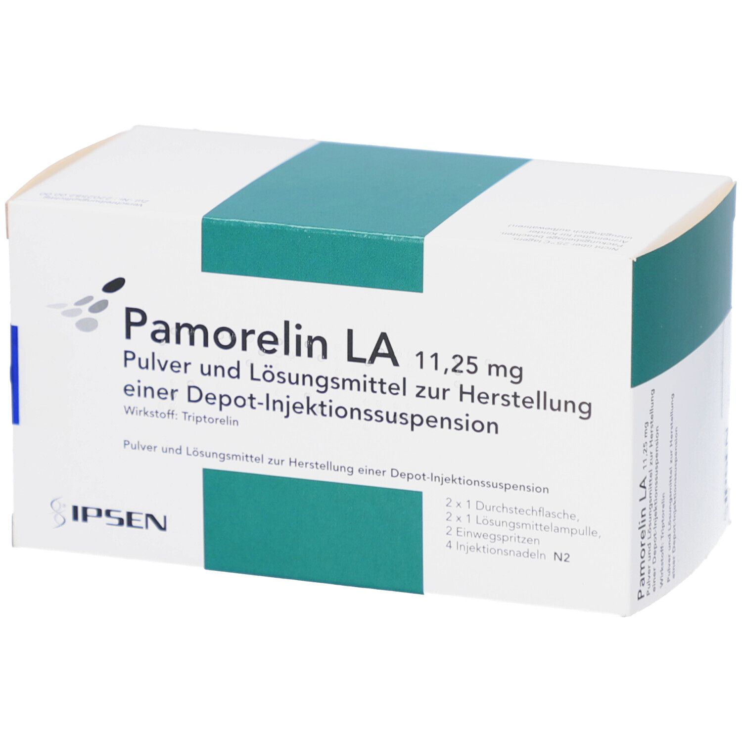 Karton mit Produktbezeichnung Pamorelin LA 11,25 mg. Enthält Pulver und Lösungsmittel zur Herstellung einer Depot-Injektionssuspension.