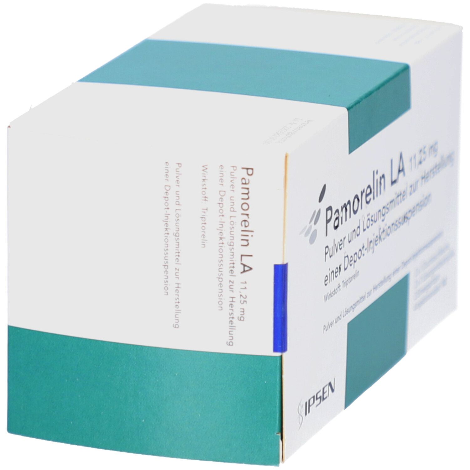 Karton mit Produktbezeichnung Pamorelin LA 11,25 mg. Grün-weiße Verpackung mit Produktinformationen und Logo.