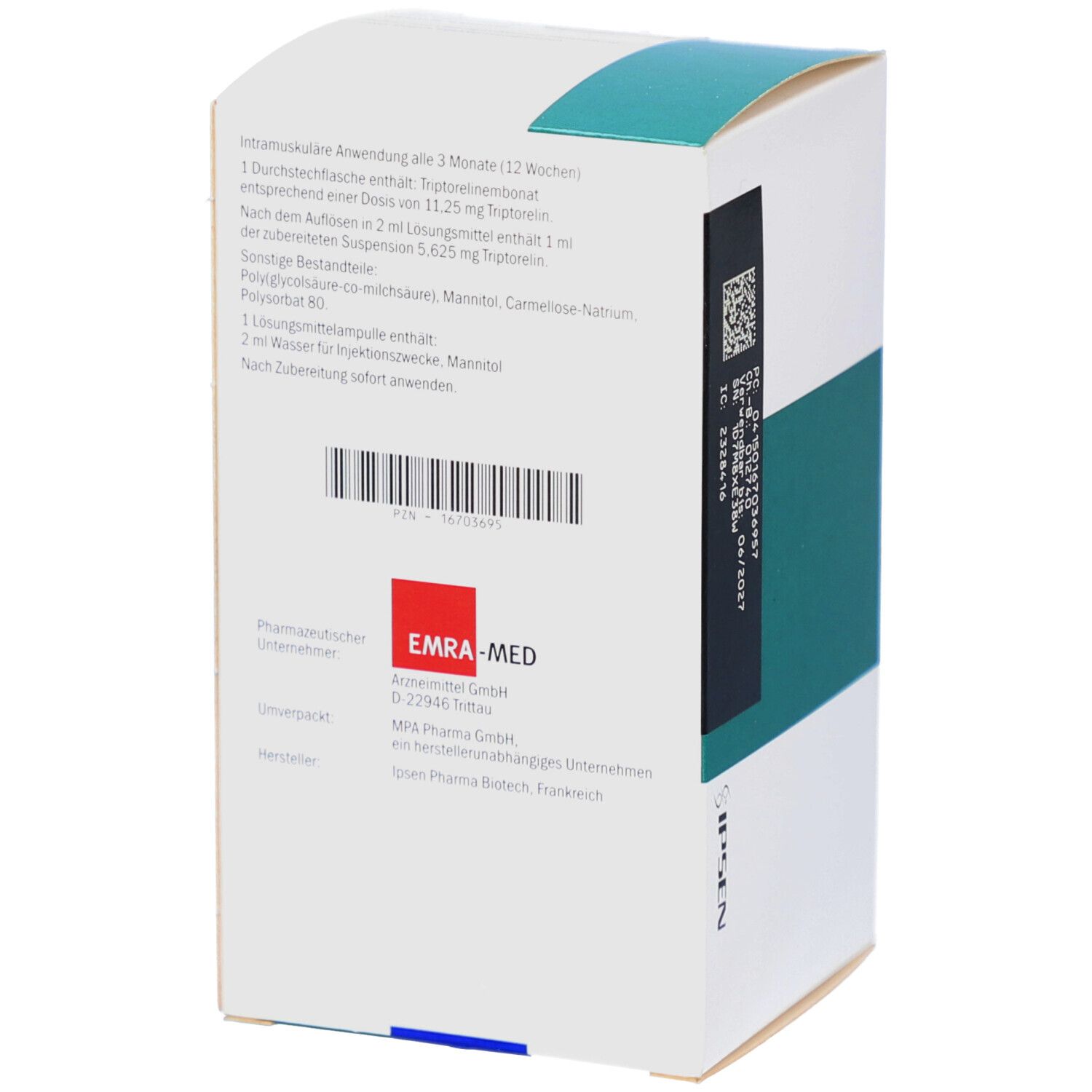 Rückseite der Produktverpackung. Enthält Informationen zur Anwendung, Inhaltsstoffe, Hersteller und Chargennummer.