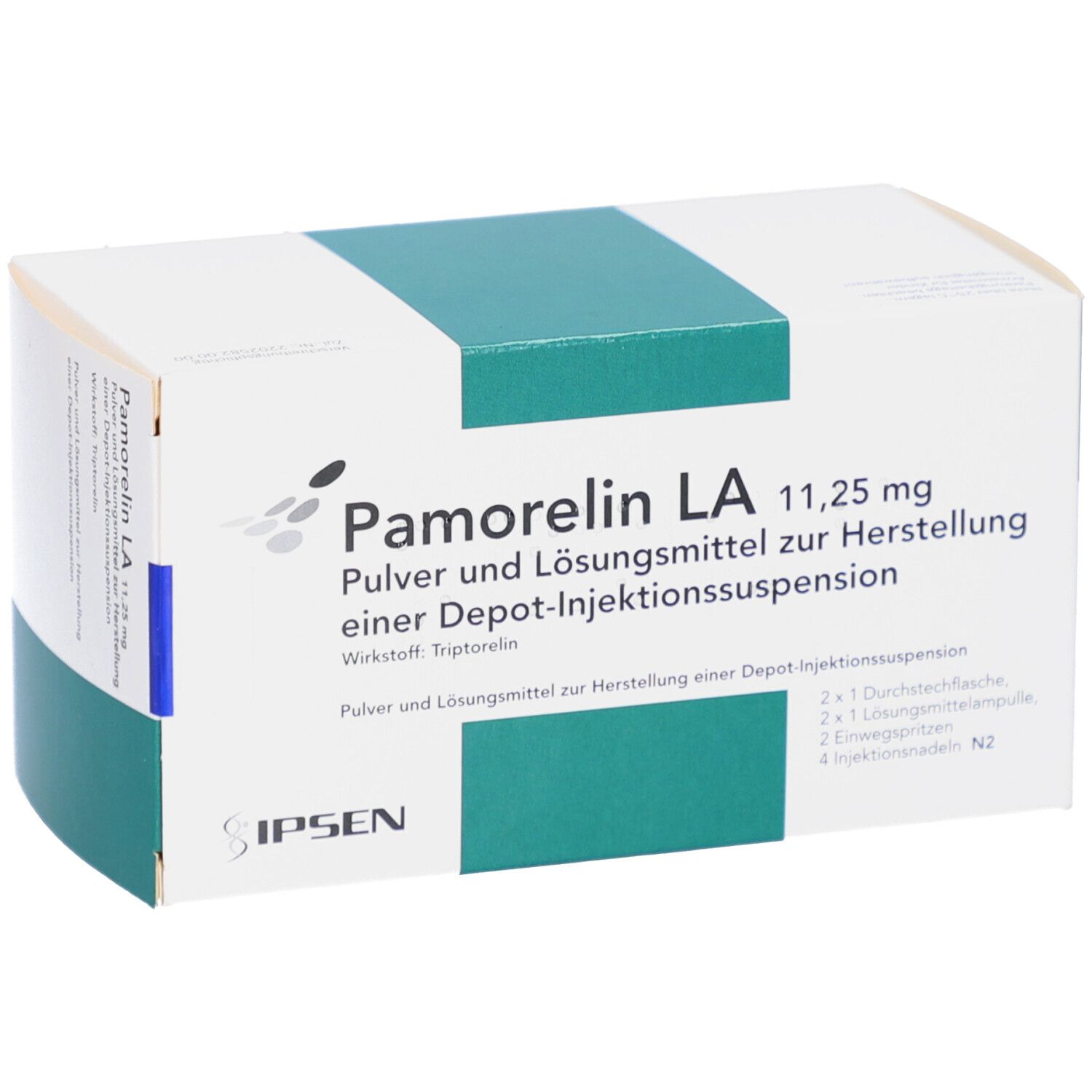 Karton mit Produktbezeichnung Pamorelin LA 11,25 mg. Grün-weiße Verpackung mit Produktinformationen und Logo.
