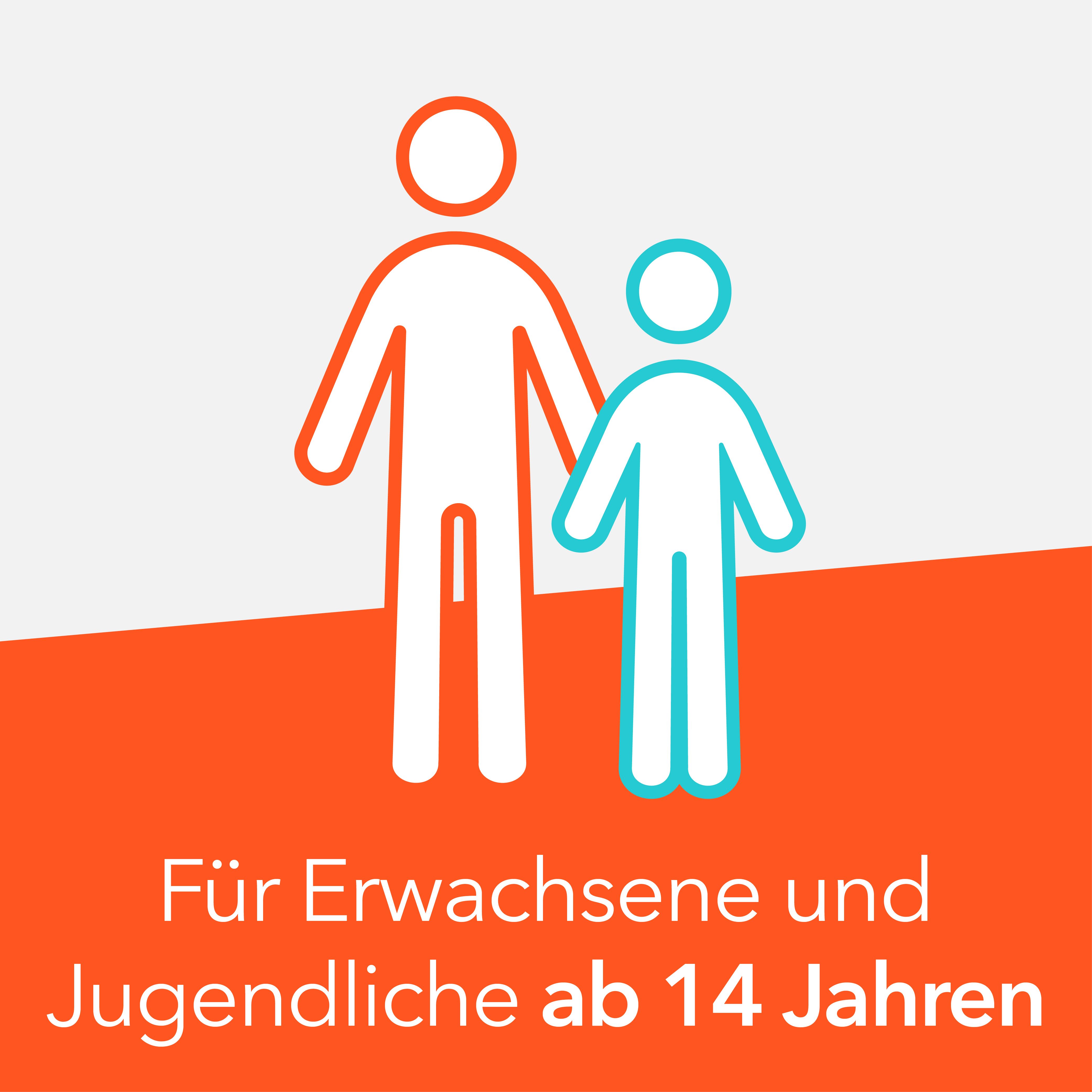 Strichmännchen, Erwachsener und Kind. Text: Für Erwachsene und Jugendliche ab 14 Jahren.