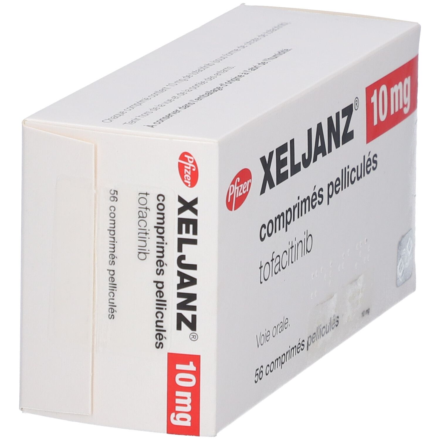 Weiße Schachtel mit rotem Akzent. Aufschrift: XELJANZ® 10 mg, comprimés pelliculés, tofacitinib. 56 comprimés pelliculés.