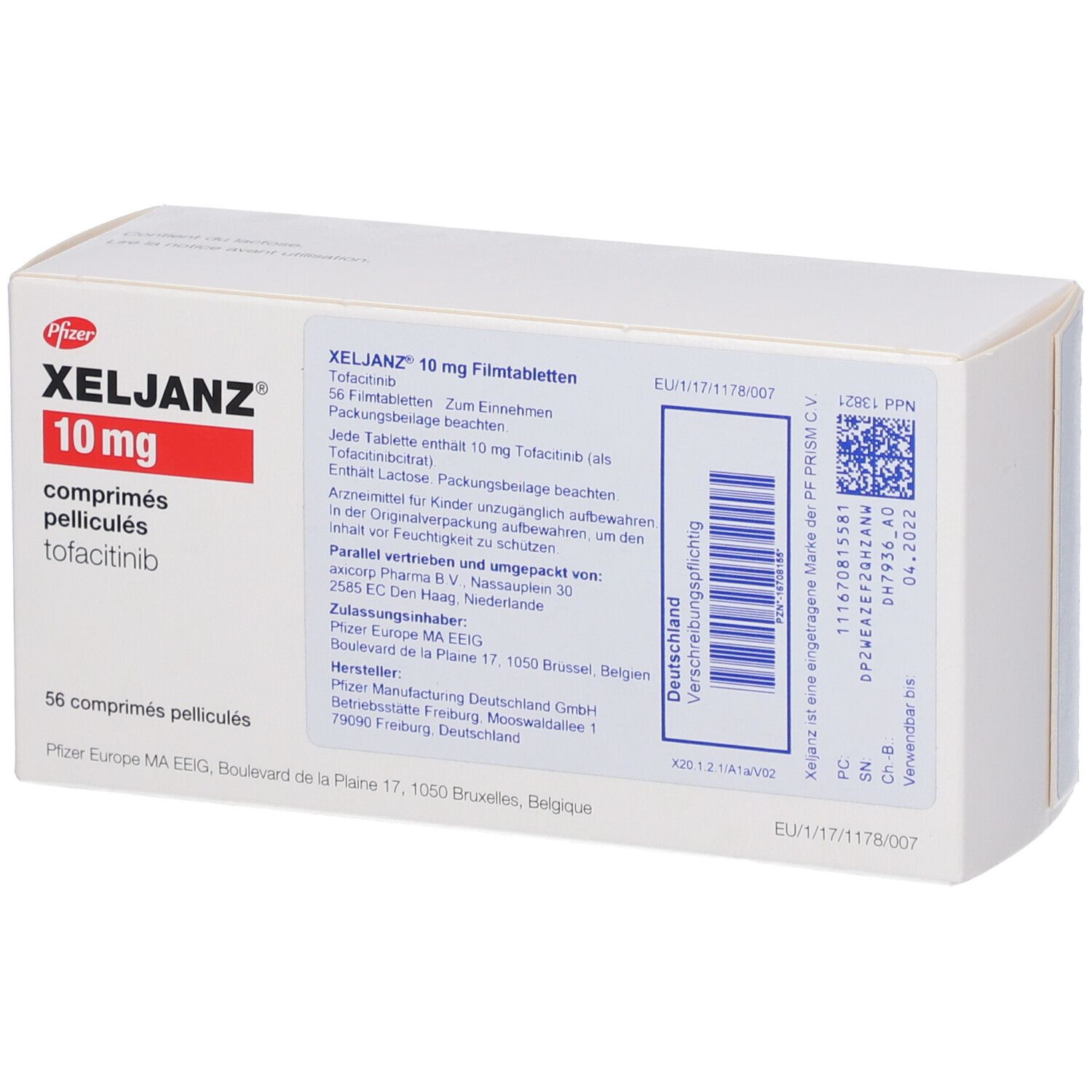 Weiße Schachtel mit rotem Akzent. Aufschrift: XELJANZ® 10 mg, comprimés pelliculés, tofacitinib. 56 comprimés pelliculés.