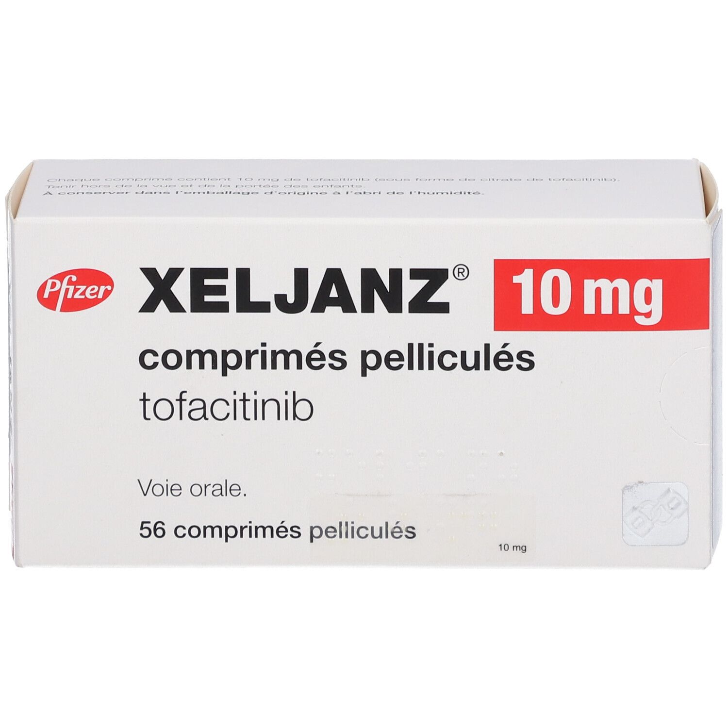 Weiße Schachtel mit rotem Akzent. Aufschrift: XELJANZ® 10 mg, comprimés pelliculés, tofacitinib. 56 comprimés pelliculés.