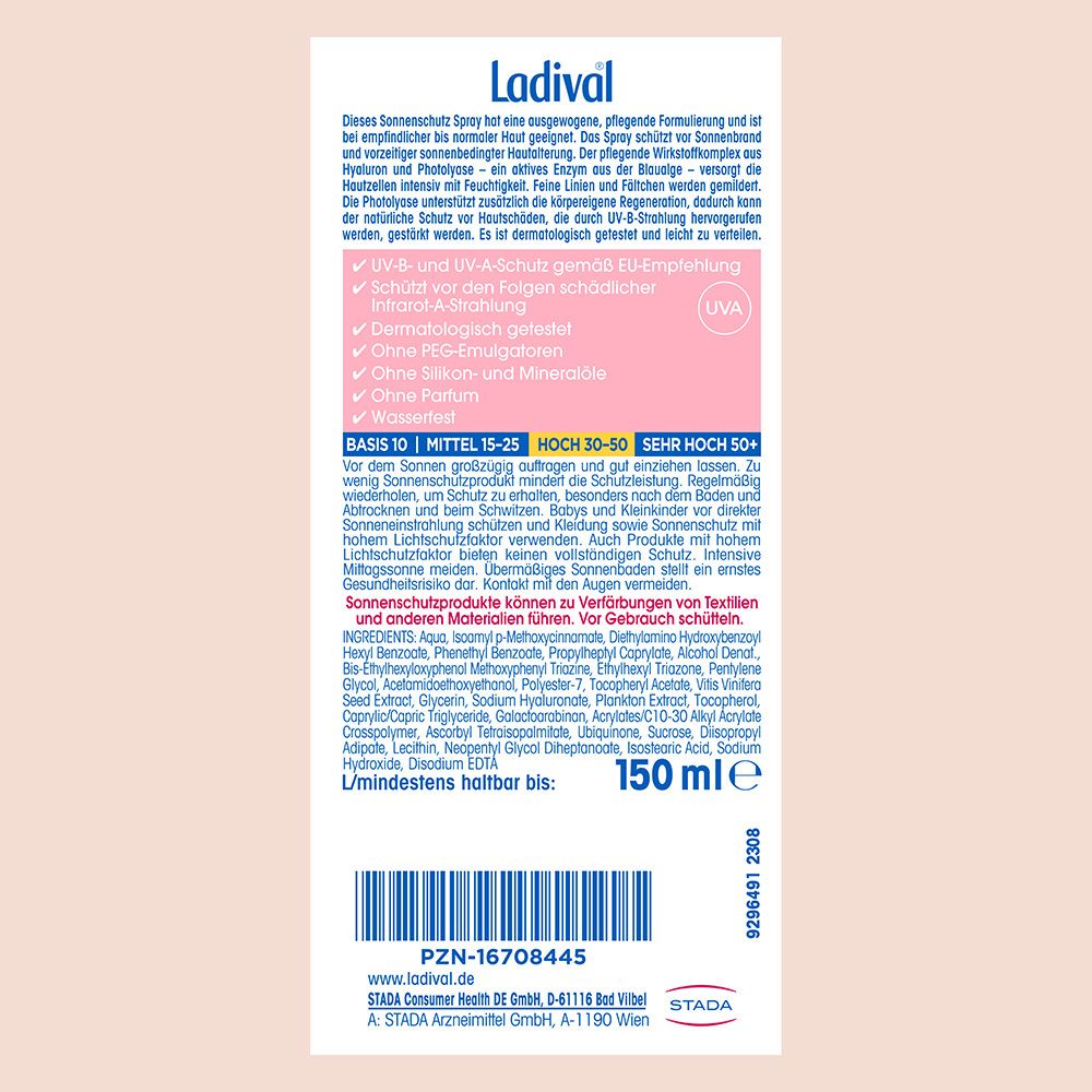 Ladival® Empfindliche Haut plus pflegendes Sonnenschutz Spray LSF 30 mit Hyaluronsäure & Photolyase