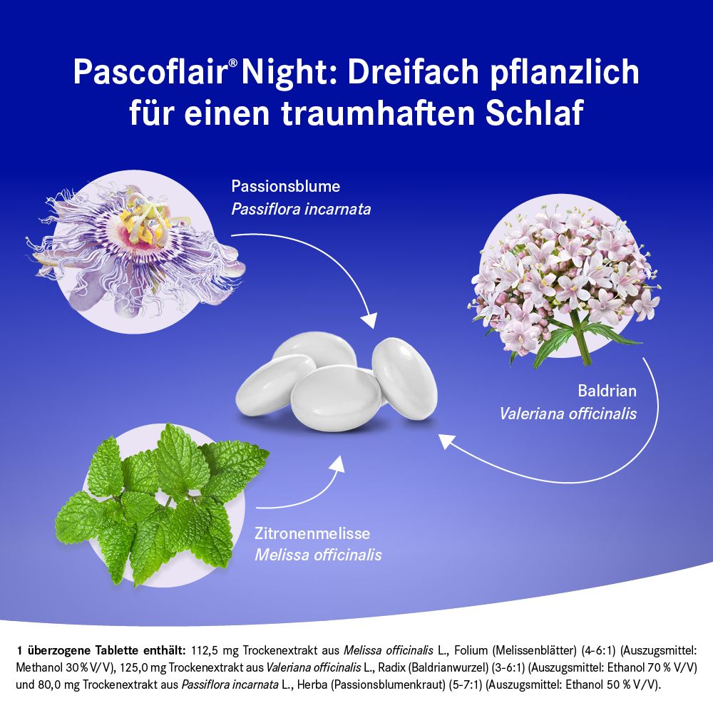 Pascoflair® Night 3-fache Pflanzenkraft aus Baldrian, Melisse und Passionsblume für einen erholsamen Schlaf