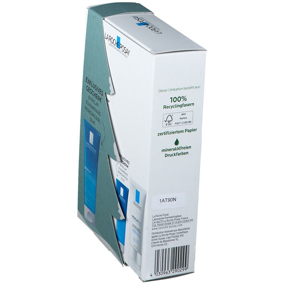 Rückseite der La Roche Posay Effaclar MAT Geschenkset-Verpackung. Text über Recyclingpapier und mineralölfreie Druckfarben. FSC-Zertifizierung.