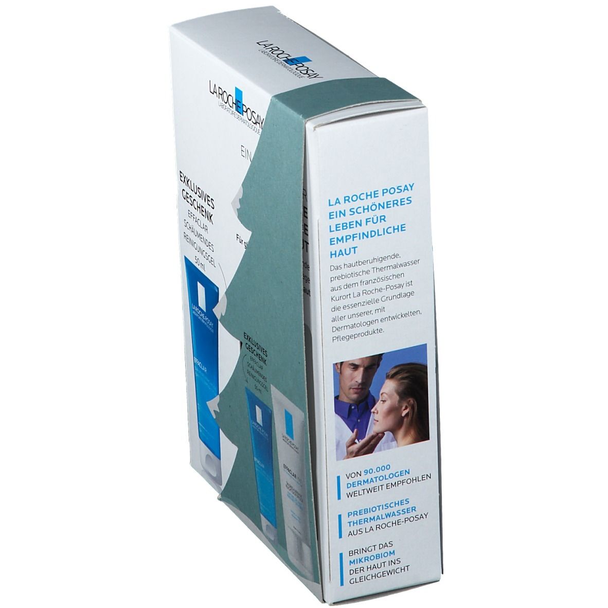 Seite der La Roche Posay Effaclar MAT Geschenkset-Verpackung. Text über die Marke und Produktinformationen. Abbildung von Personen.