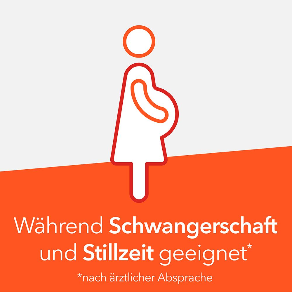 Symbol einer schwangeren Frau. Text: Während Schwangerschaft und Stillzeit geeignet* *nach ärztlicher Absprache.