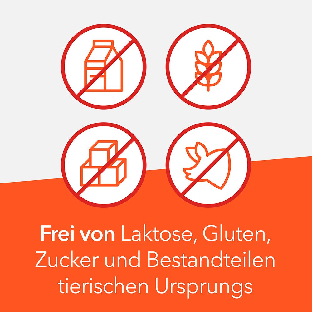 Symbole mit Durchstreichungen: Milch, Getreide, Zucker, Schwein. Text: Frei von Laktose, Gluten, Zucker und tierischen Ursprungs.