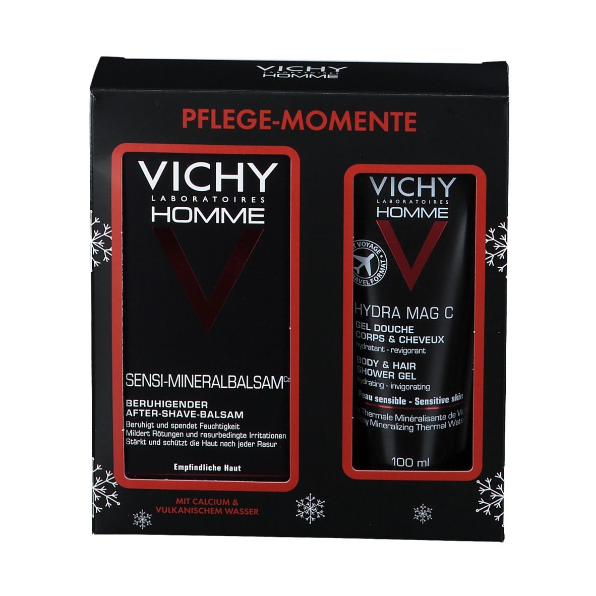 Geschenkset mit zwei Produkten. Schwarze Verpackung mit roter Schrift. Vichy Homme Logo. Sensi-Mineralbalsam und Hydra Mag C Duschgel.