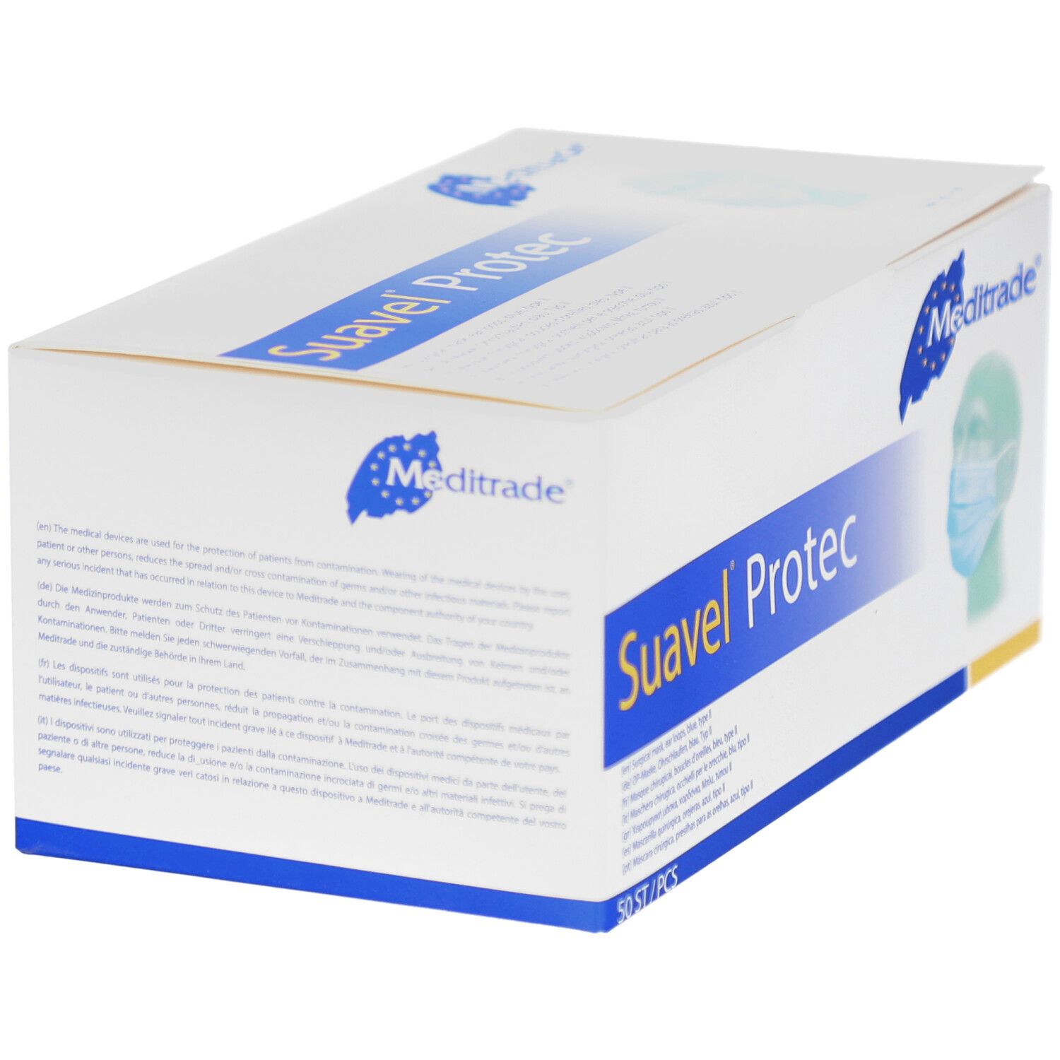 Weißer Karton mit blauer Schrift. Aufschrift: Suavel Protec, Meditrade. Text in mehreren Sprachen. Winkelansicht.