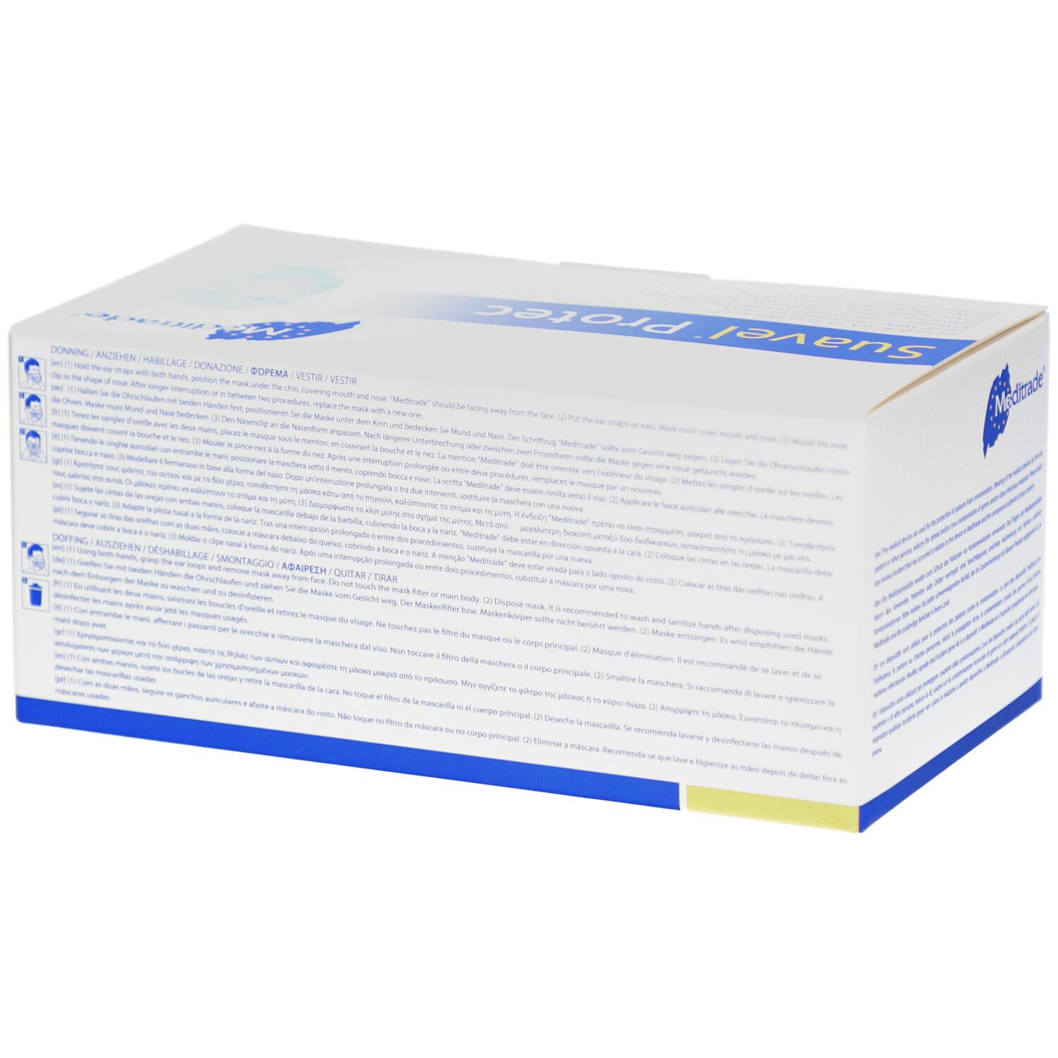 Weißer Karton mit blauer Schrift. Text in mehreren Sprachen. Rückseite. Winkelansicht.