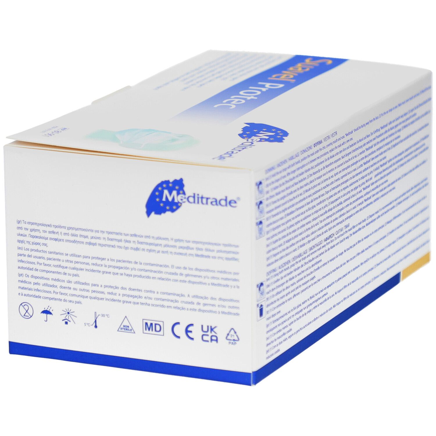 Weißer Karton mit blauer Schrift. Text in mehreren Sprachen. Unterseite. Winkelansicht. CE-Kennzeichnung.