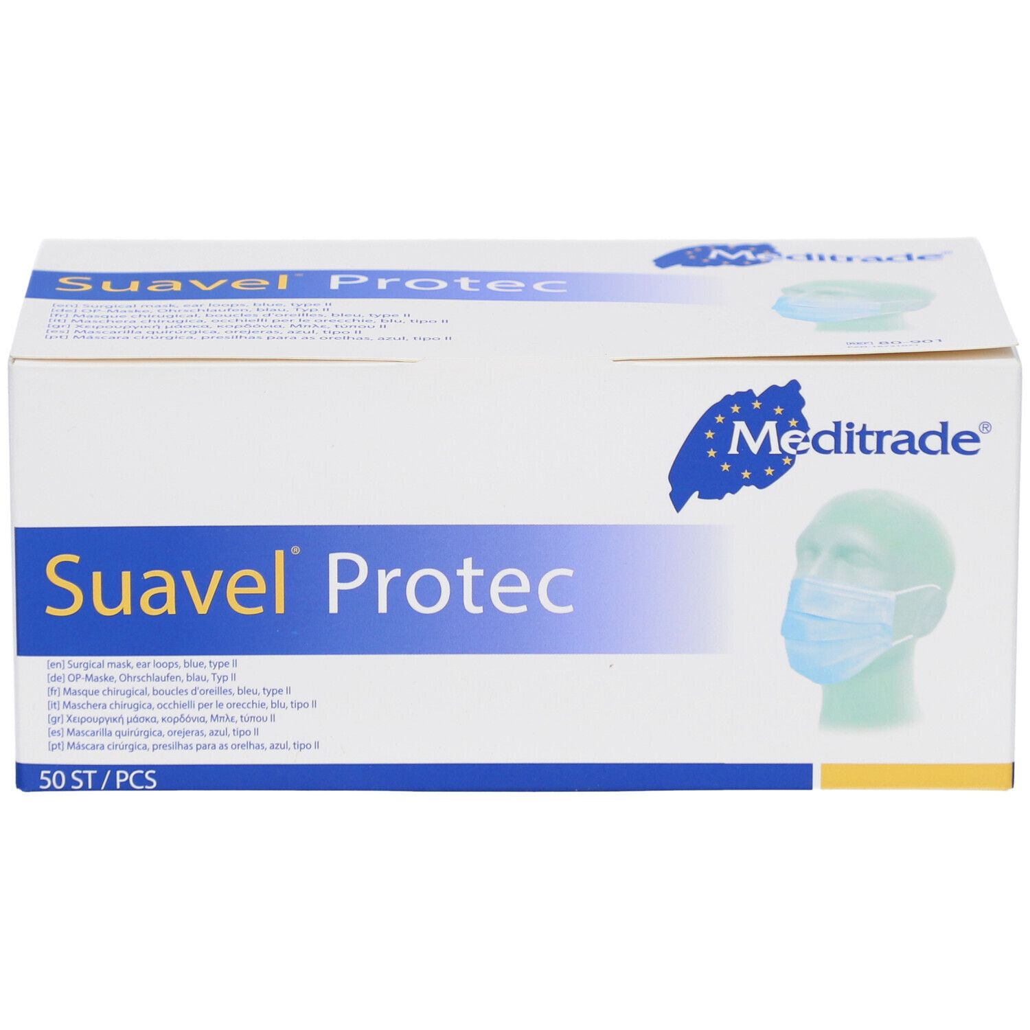 Weißer Karton mit blauer Schrift. Aufschrift: Suavel Protec, Meditrade. Abbildung einer Maske. 50 Stück.