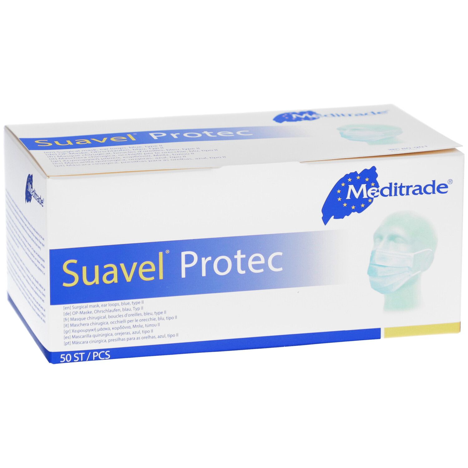 Weißer Karton mit blauer Schrift. Aufschrift: Suavel Protec, Meditrade. Abbildung einer Maske. 50 Stück.