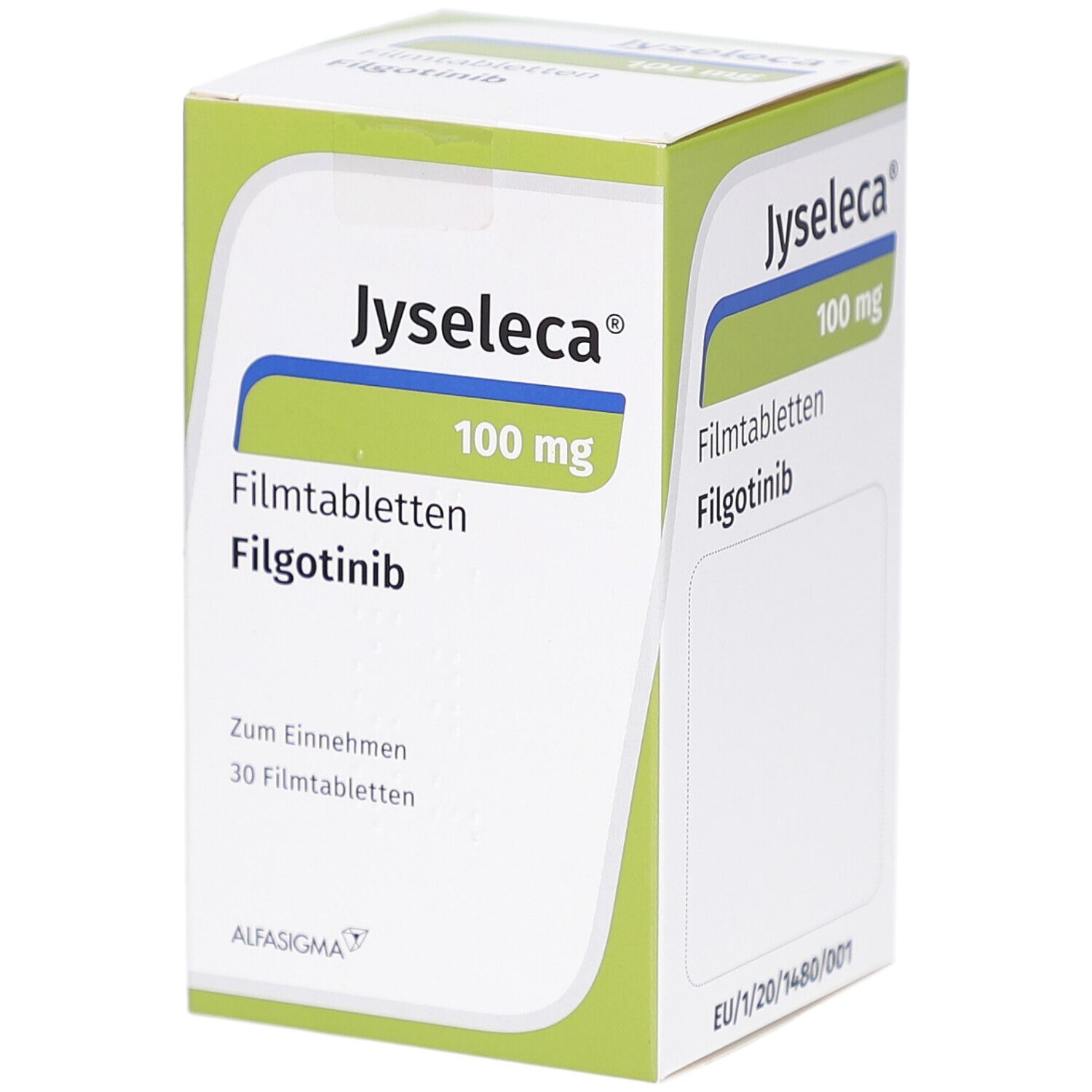 Schachtel mit Jyseleca 100 mg Filmtabletten. Grün-weißes Design mit Produktnamen, Dosierung und Inhaltsstoff Filgotinib.