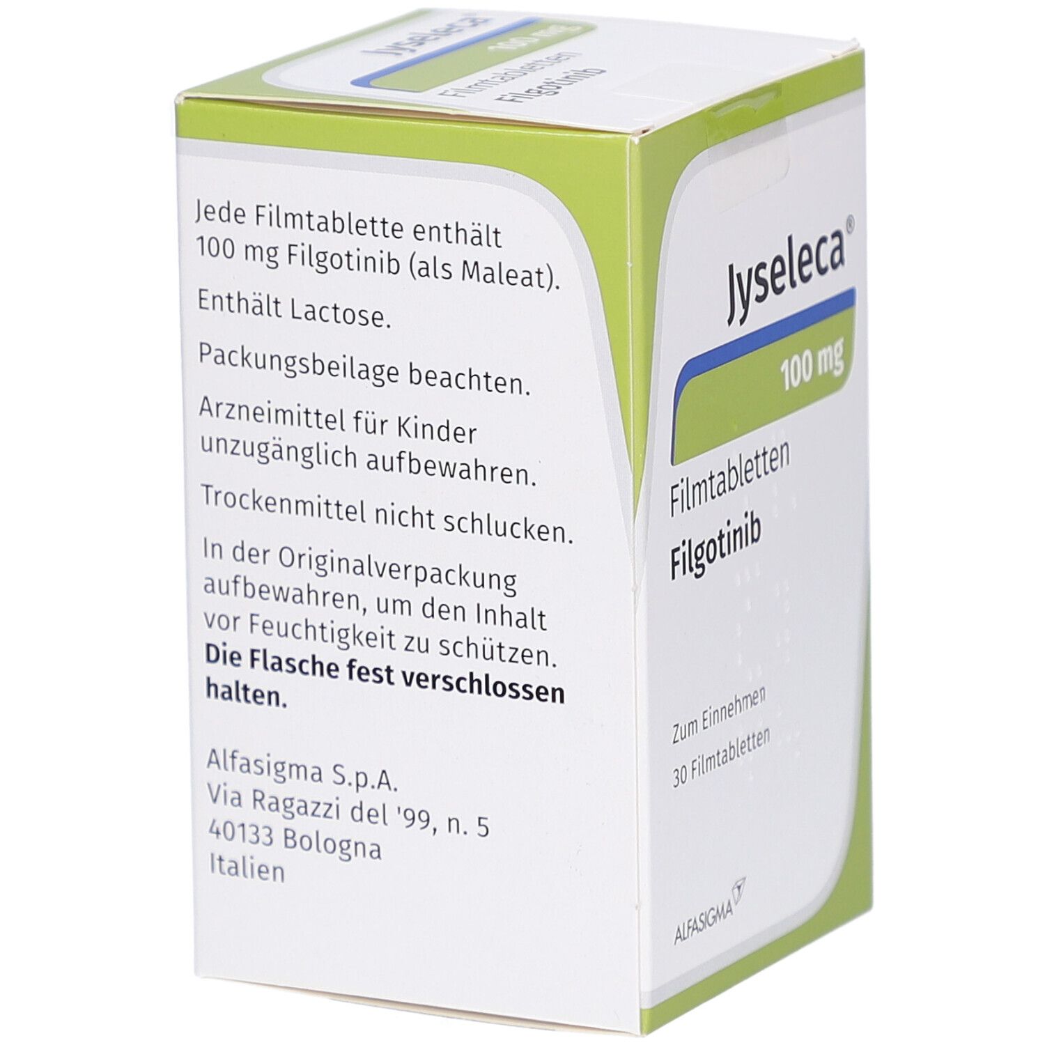 Rückseite der Jyseleca 100 mg Schachtel. Enthält Informationen zu Inhaltsstoffen, Lagerung und Herstelleradresse in Italien.