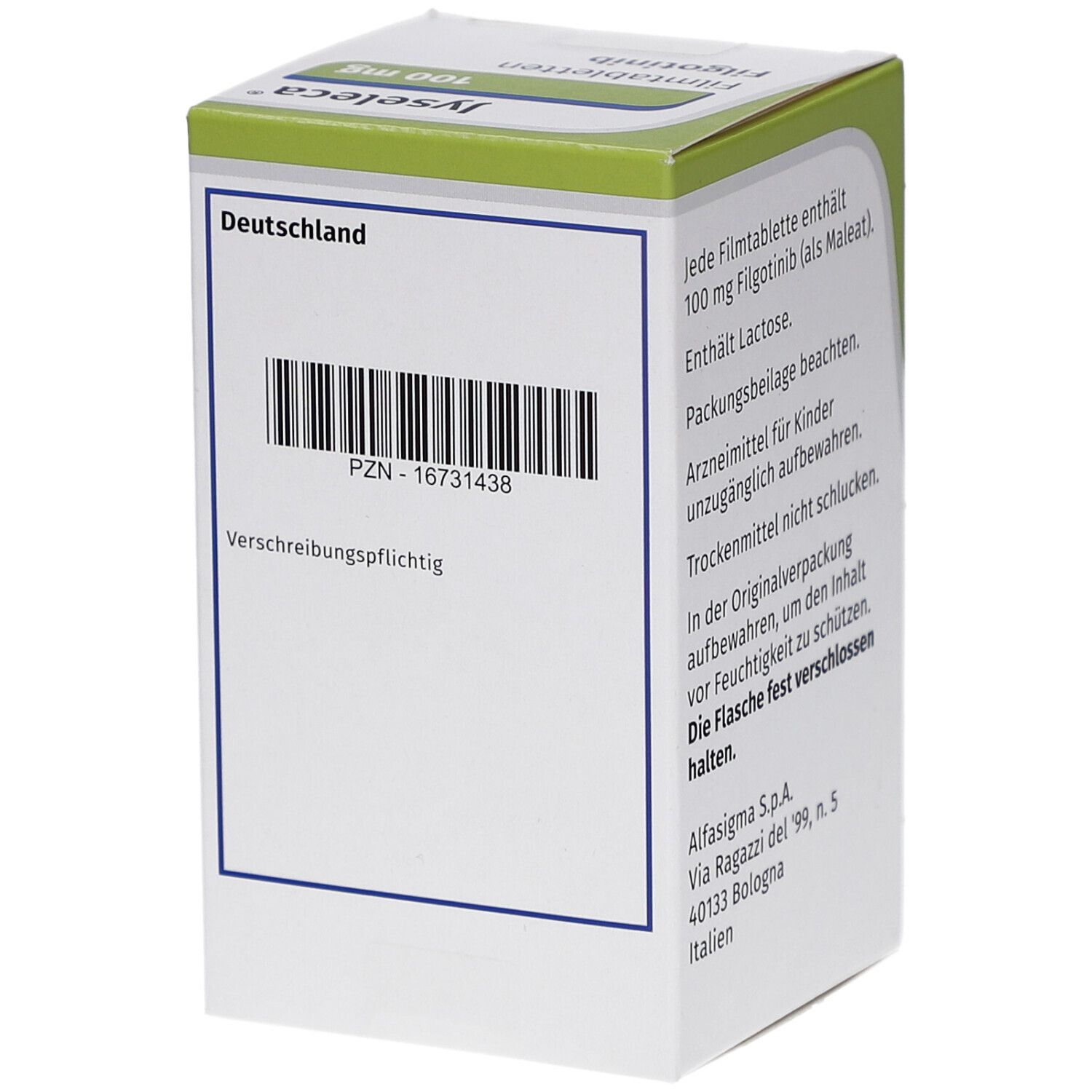 Rückseite der Jyseleca 100 mg Schachtel mit Barcode und PZN-Nummer. Angabe 'Deutschland' und weitere Informationen.