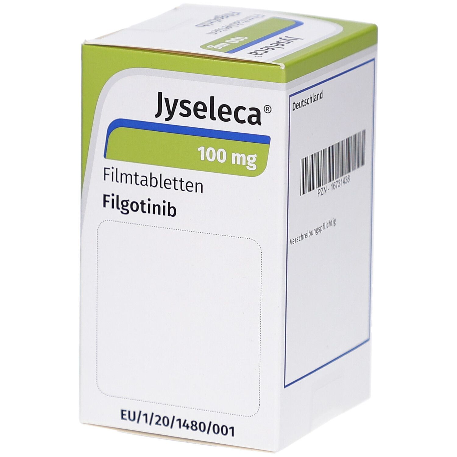 Schachtel mit Jyseleca 100 mg Filmtabletten. Ansicht mit Produktnamen, Dosierung, Inhaltsstoff und Barcode.