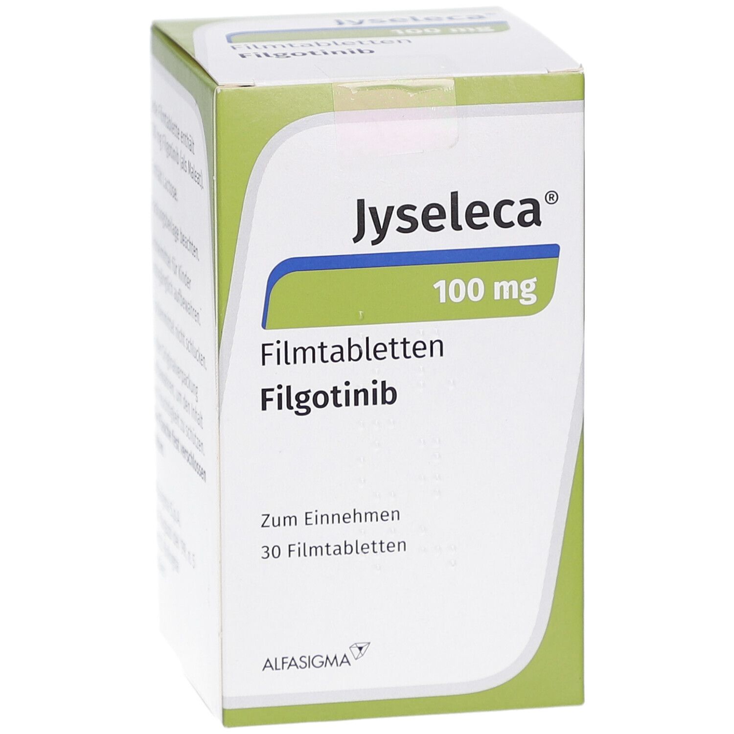 Schachtel mit Jyseleca 100 mg Filmtabletten. Ansicht mit Produktnamen, Dosierung und Inhaltsstoff Filgotinib.
