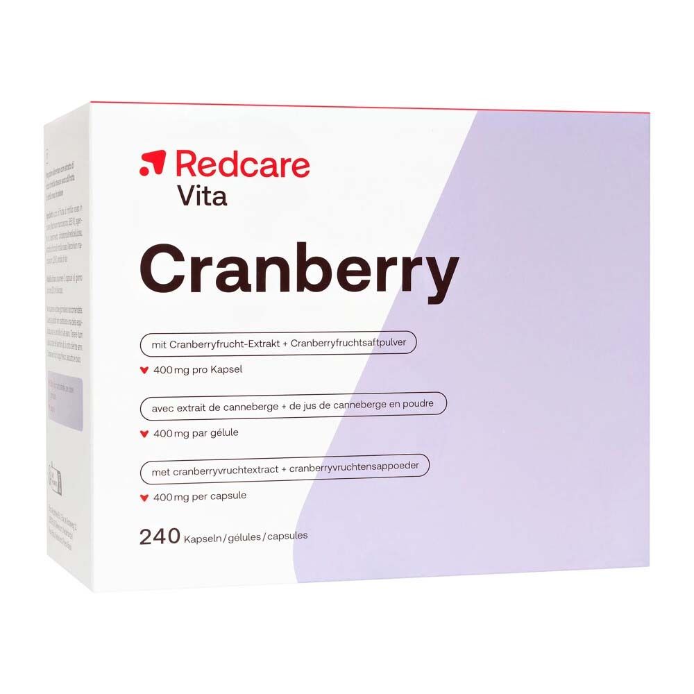 Verpackung von Redcare Vita Cranberry. Weißes Rechteck mit lila Akzenten. Text: Cranberry, 240 Kapseln.