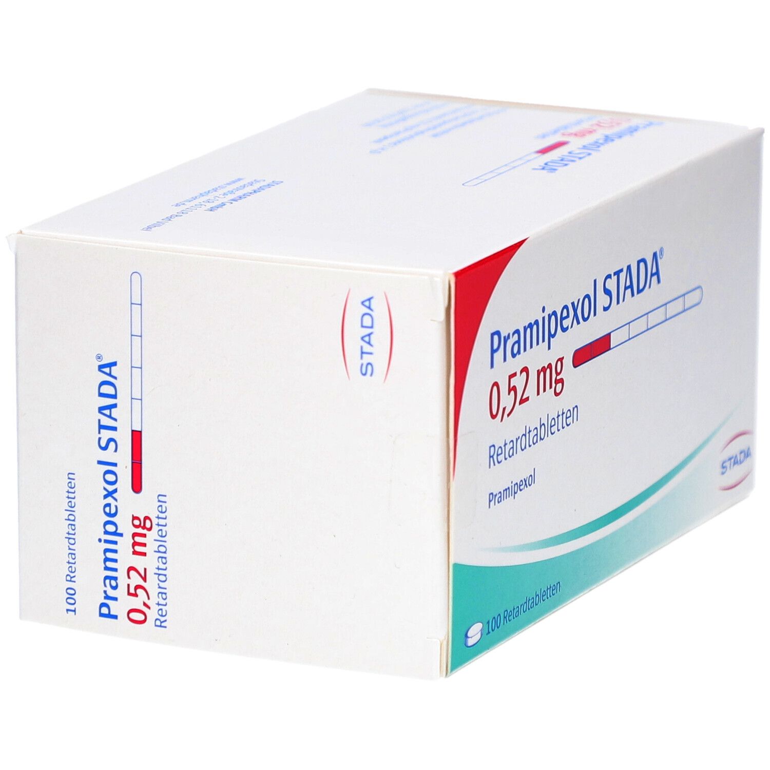 Weiße Schachtel mit roter und blauer Beschriftung. Aufschrift: PRAMIPEXOL STADA 0,52 mg Retardtabletten. 100 Retardtabletten.