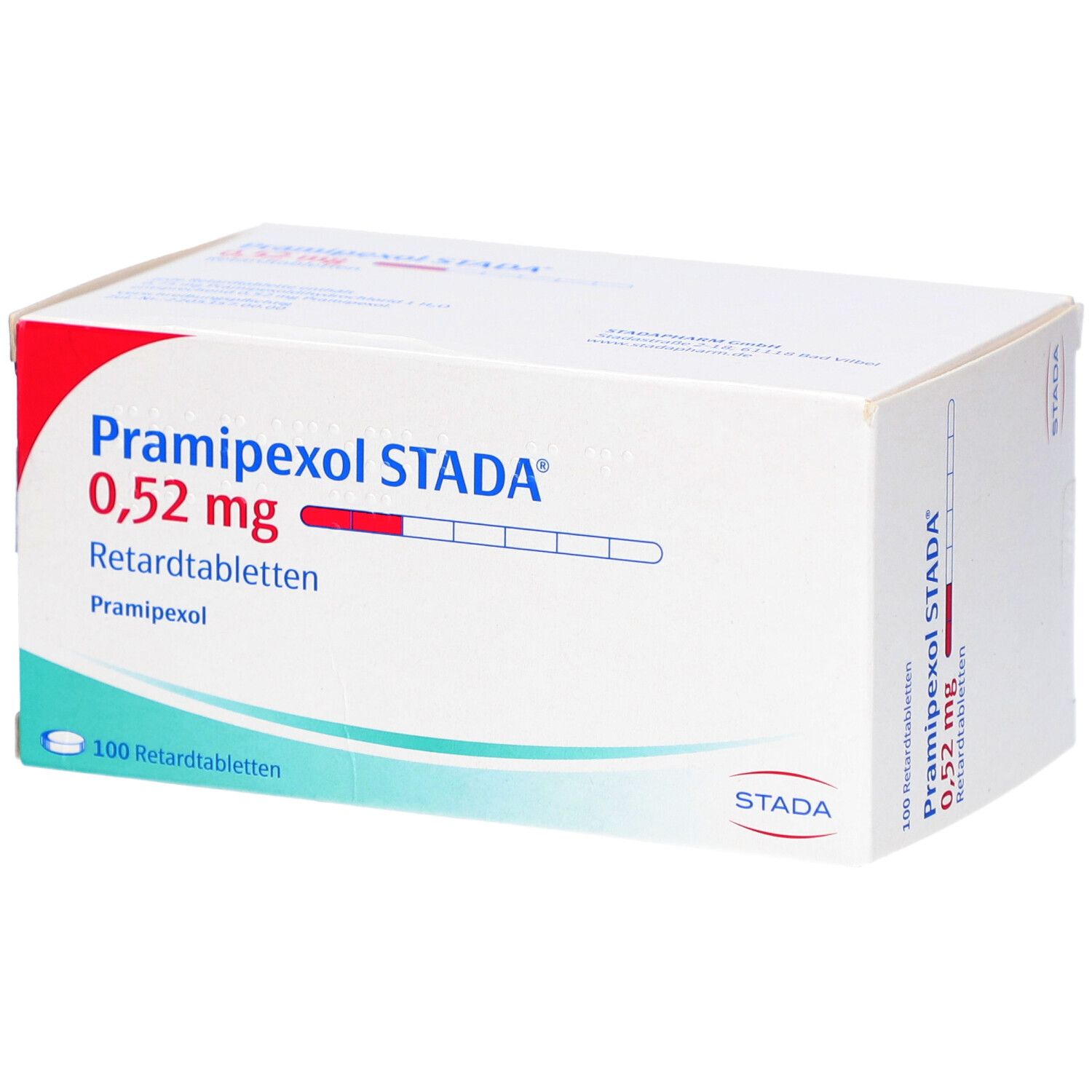 Weiße Schachtel mit roter und blauer Beschriftung. Aufschrift: PRAMIPEXOL STADA 0,52 mg Retardtabletten. 100 Retardtabletten.