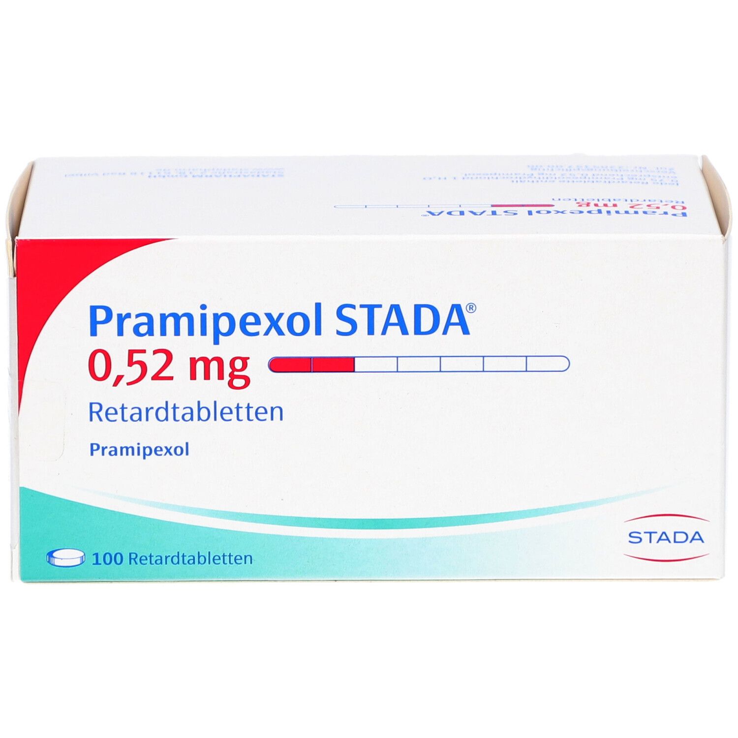 Weiße Schachtel mit roter und blauer Beschriftung. Aufschrift: PRAMIPEXOL STADA 0,52 mg Retardtabletten. 100 Retardtabletten.